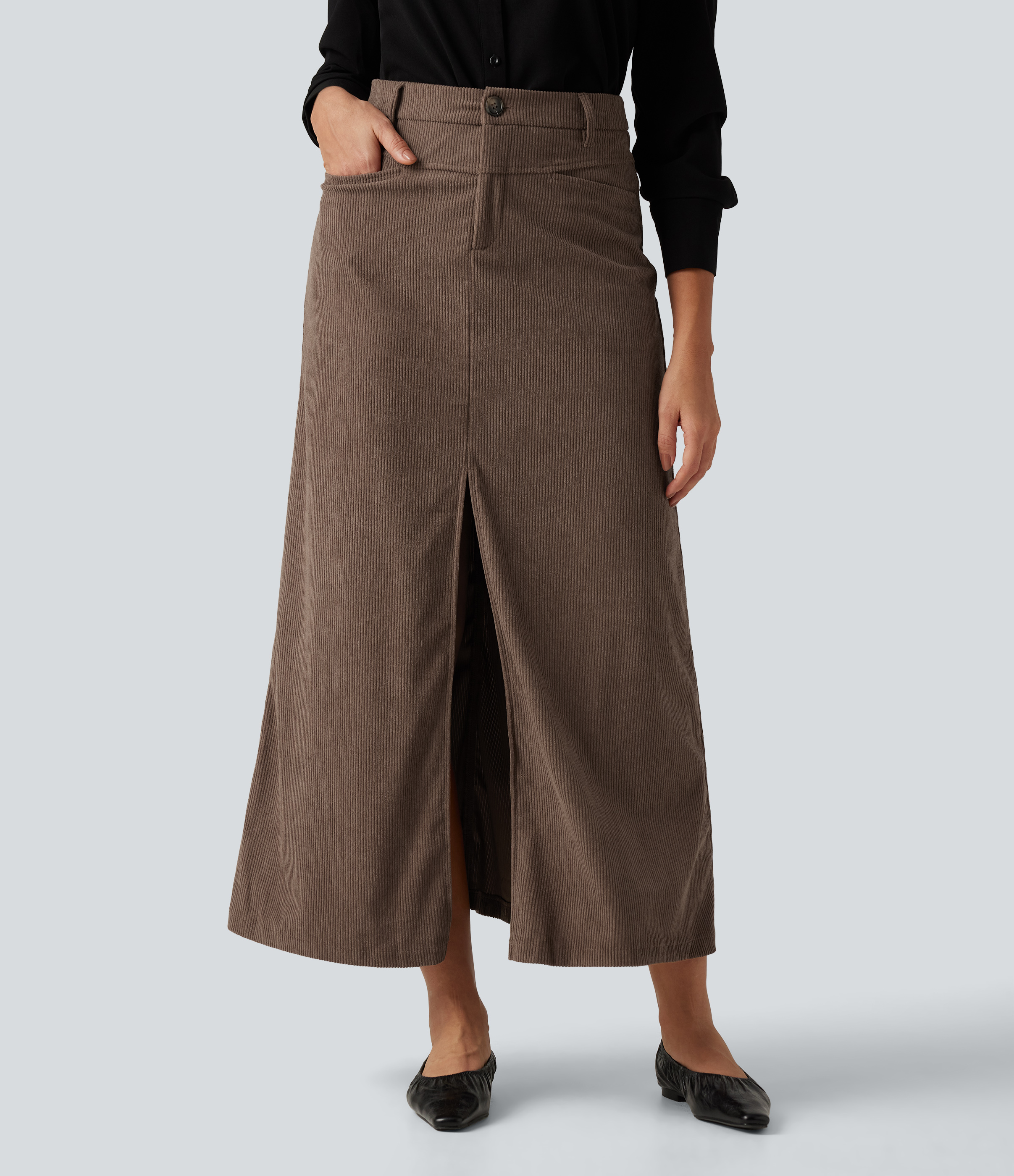 High Waisted A-Line Corduroy Maxi Work Skirt with Pockets