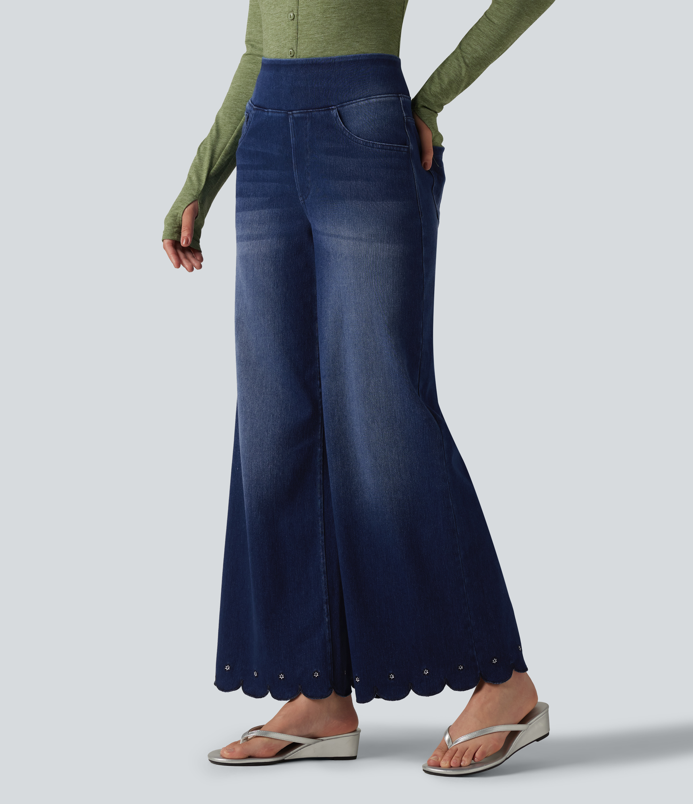 Halara Flex™ jean décontracté taille haute, coupe large, brodé, avec poches