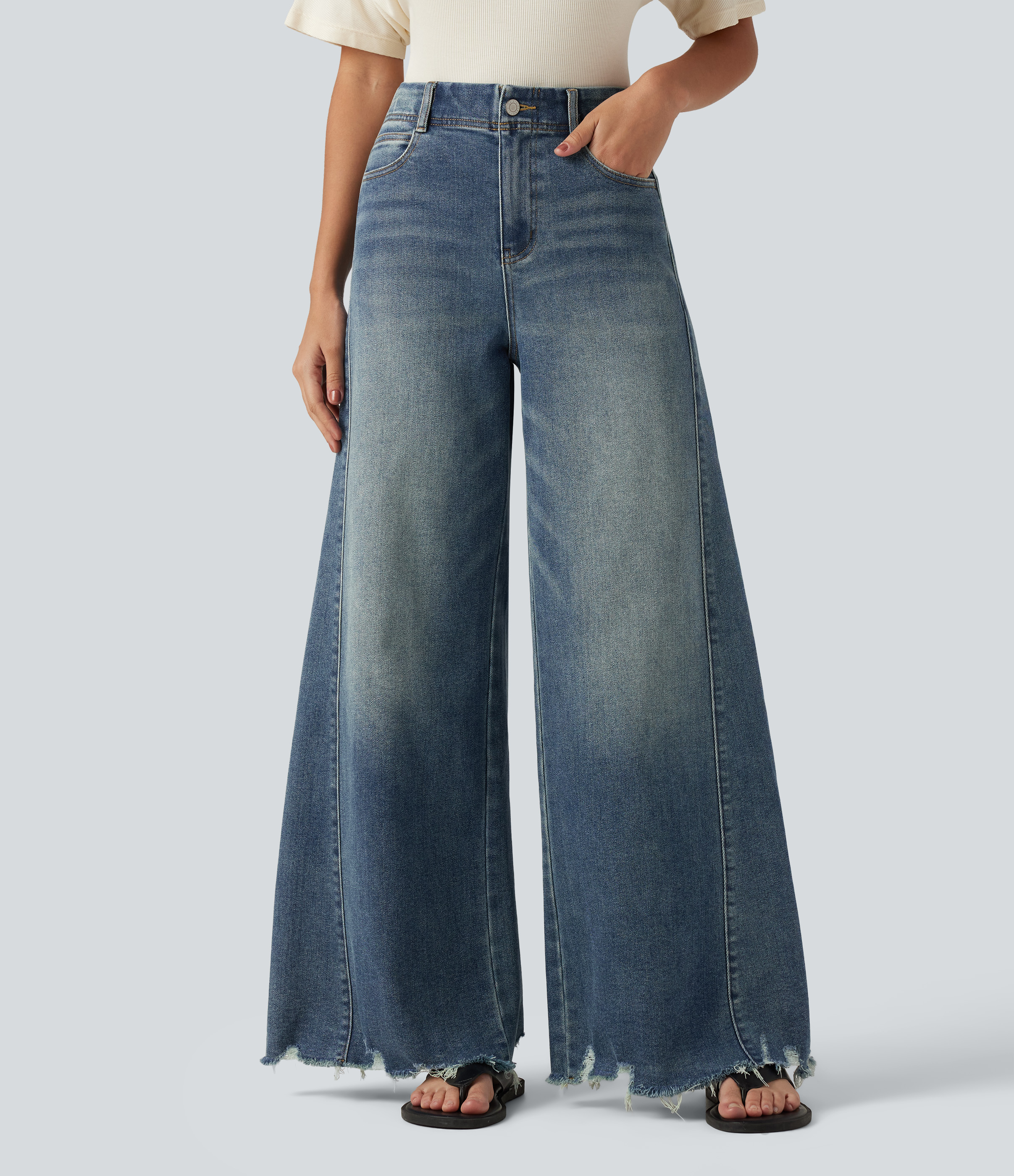 High Waisted Casual Cotton Flare Jeans with Pockets