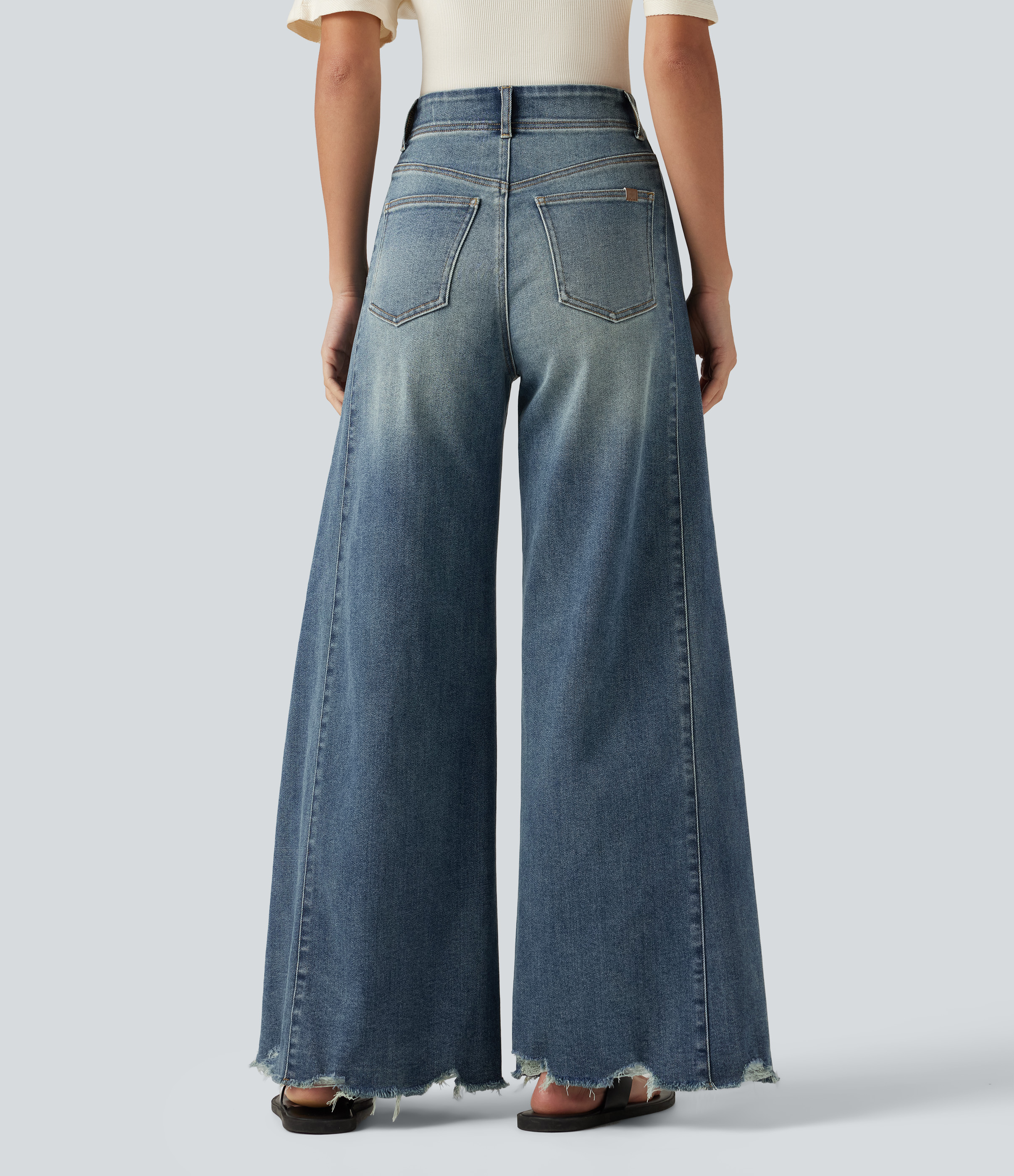 Tide Blue Denim High Waisted Casual Cotton Flare Jeans with Pockets / 2