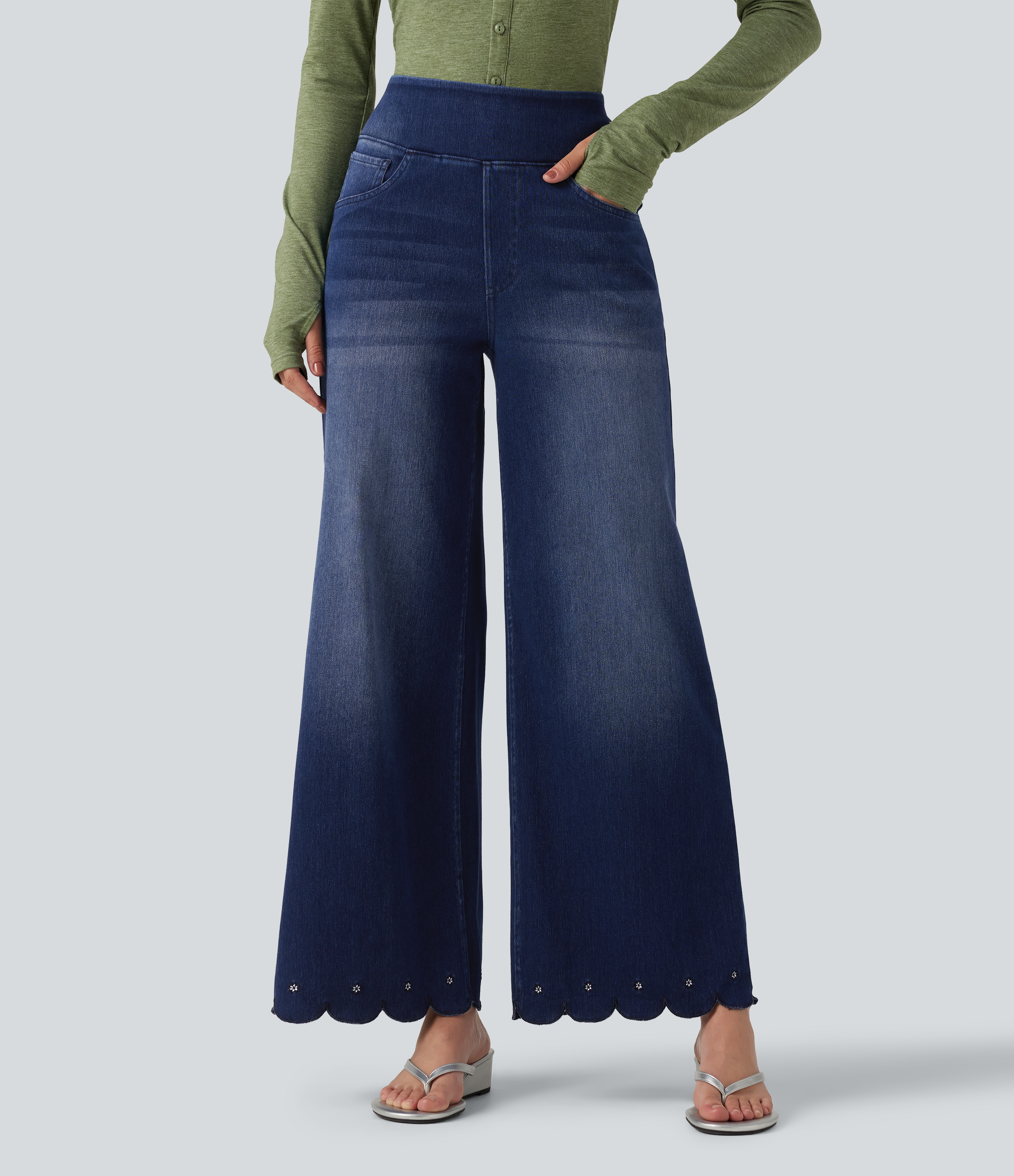 Halara Flex™ High Waisted Wide Leg Embroidery Casual Jeans with Pockets