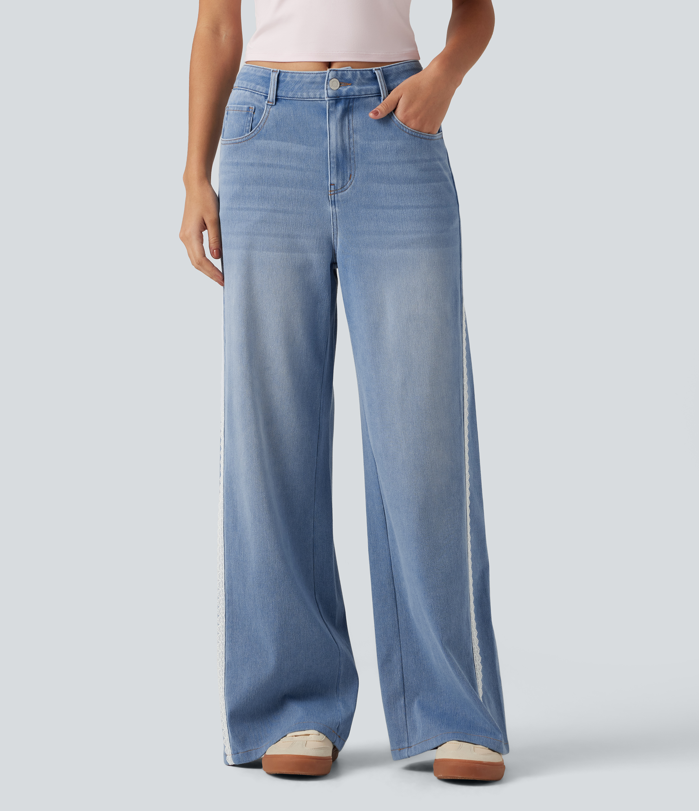 Halara Flex™ Mid Rise Contrast Lace Wide Leg Casual Jeans with Pockets