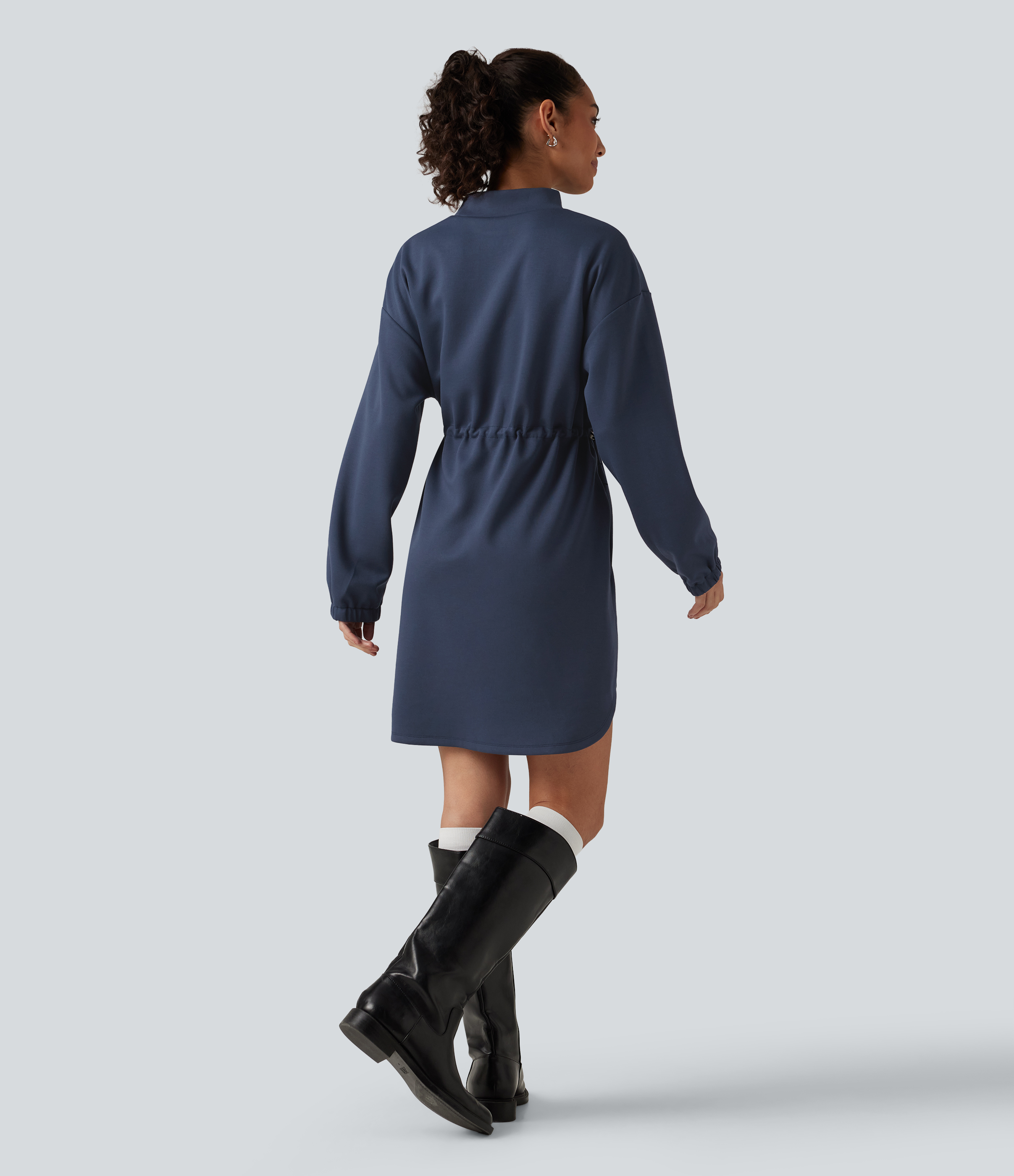 Always in a Mood - Dark Blue Mock Neck Drawstring Long Sleeve Mini Casual Dress with Pockets / 2
