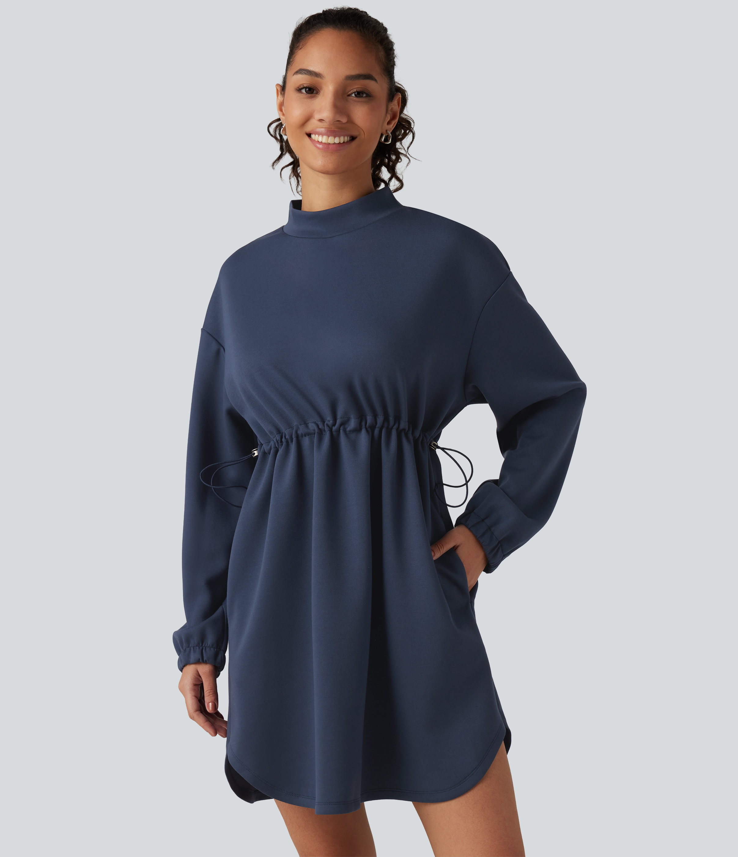 Mock Neck Drawstring Long Sleeve Mini Casual Dress with Pockets