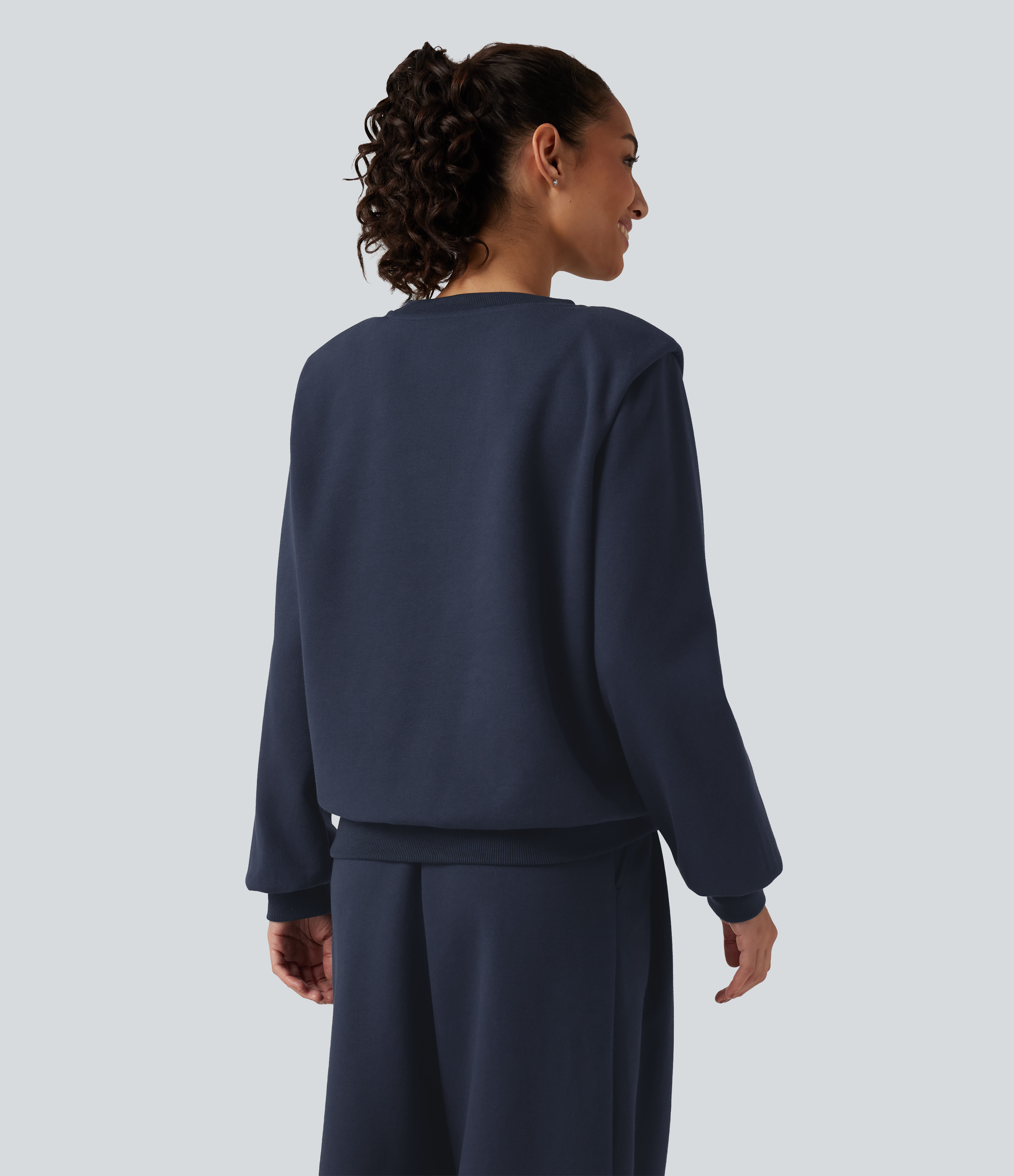 Night Blue Round Neck Long Sleeve Casual Cotton Sweatshirt / 2
