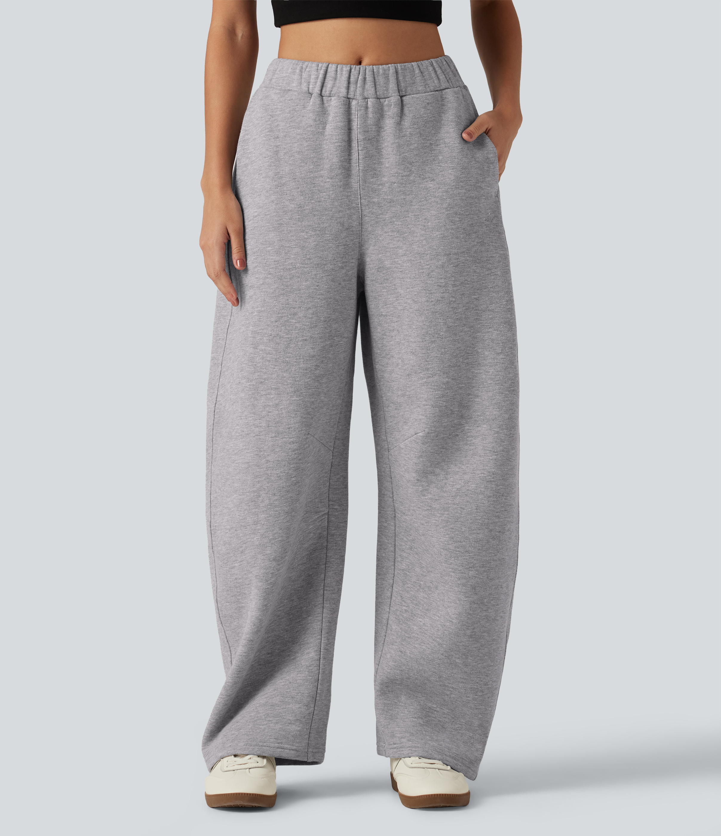 Mid Rise Barrel Leg Fleece Casual Cotton Sweatpants with Pockets