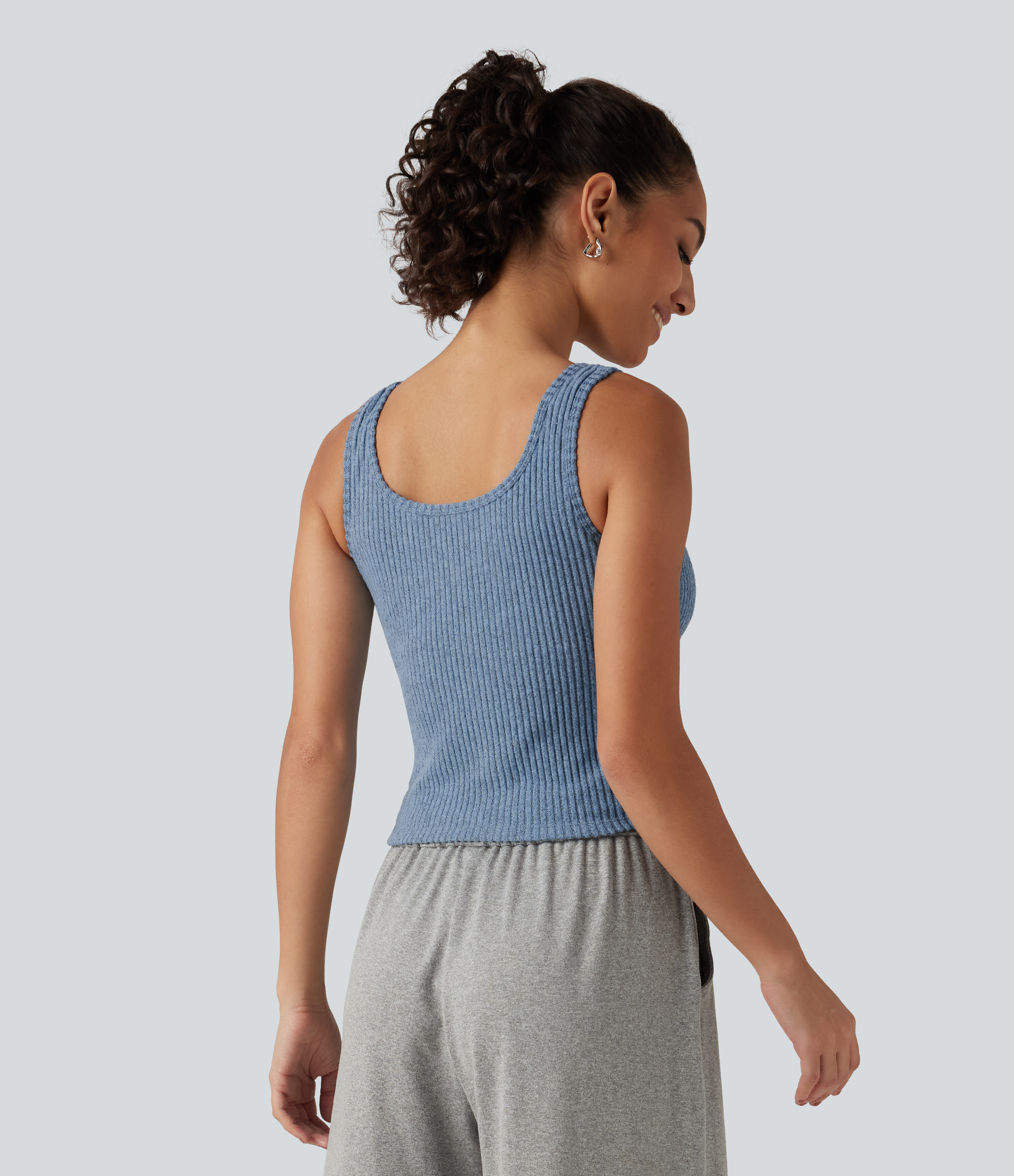 Deep Aqua Ribbed Knit U Neck Built-in Bra Lounge Tank Top / 2