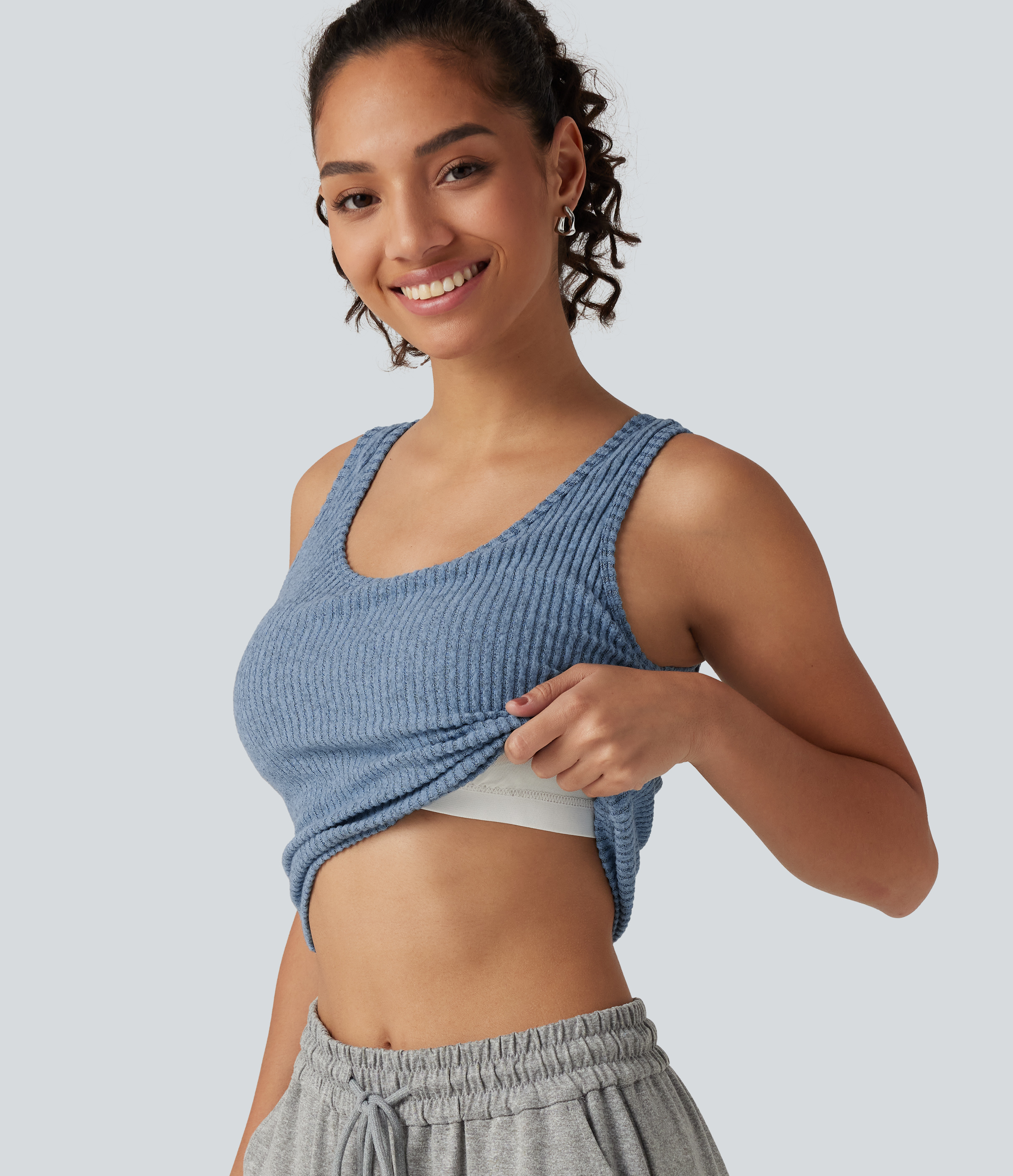 Ribbed Knit U Neck Built-in Bra Lounge Tank Top