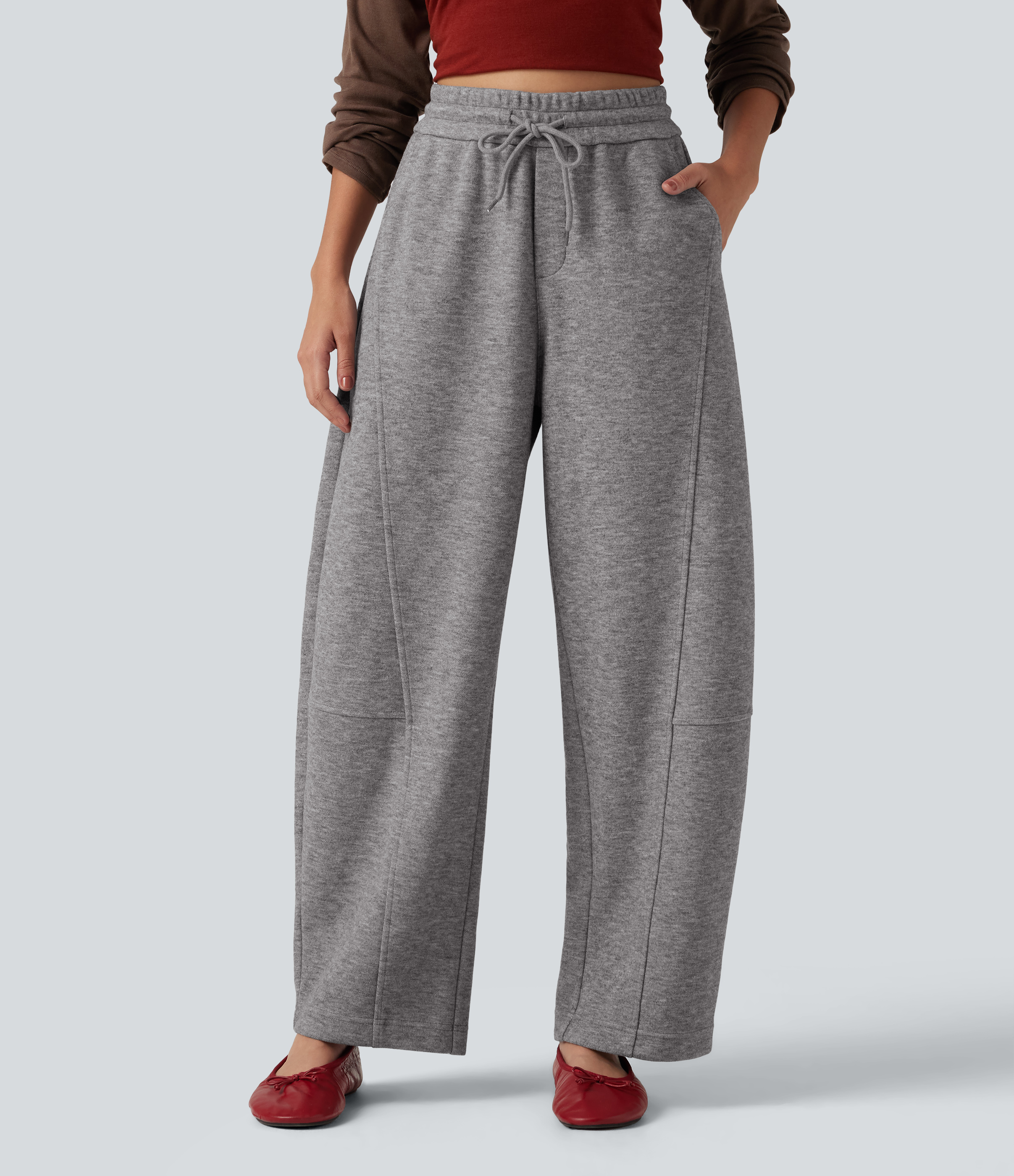 High Waisted Drawstring Barrel Leg Casual Pants with Pockets