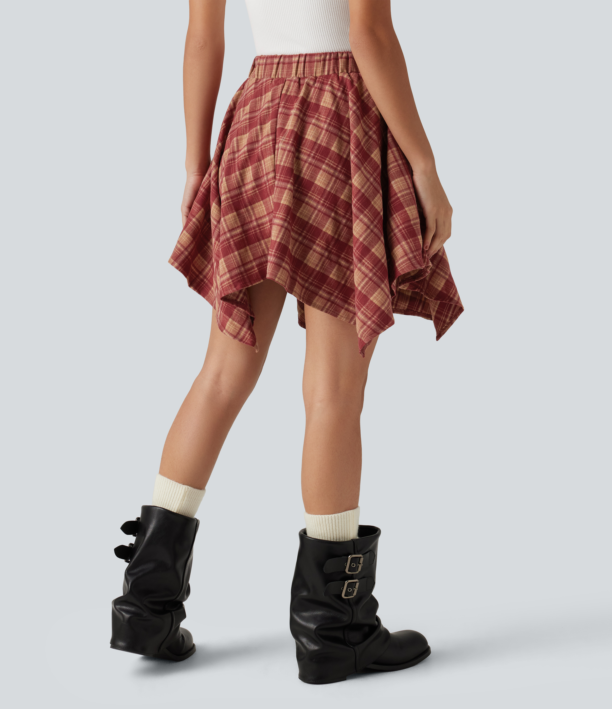 Sunset Plaid Mini ležérní kostkovaná sukně 2v1 s vysokým pasem, zavazováním vpředu a kapsami / 2