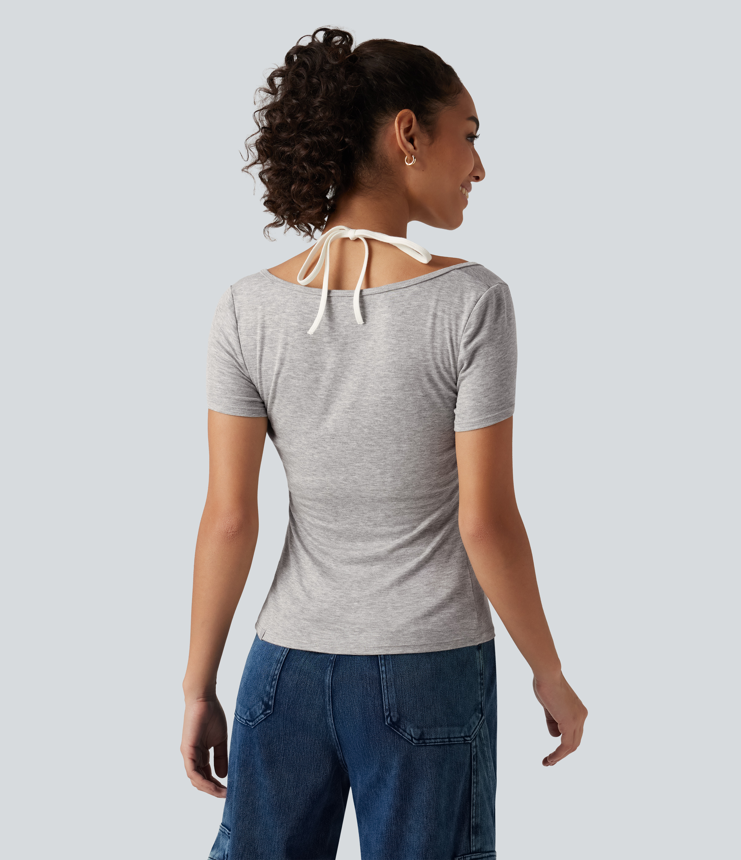 Fog Gray Ribbbed Halter Henley Neck Short Sleeve Built-in Bra Tie Back Casual T-Shirt  / 2