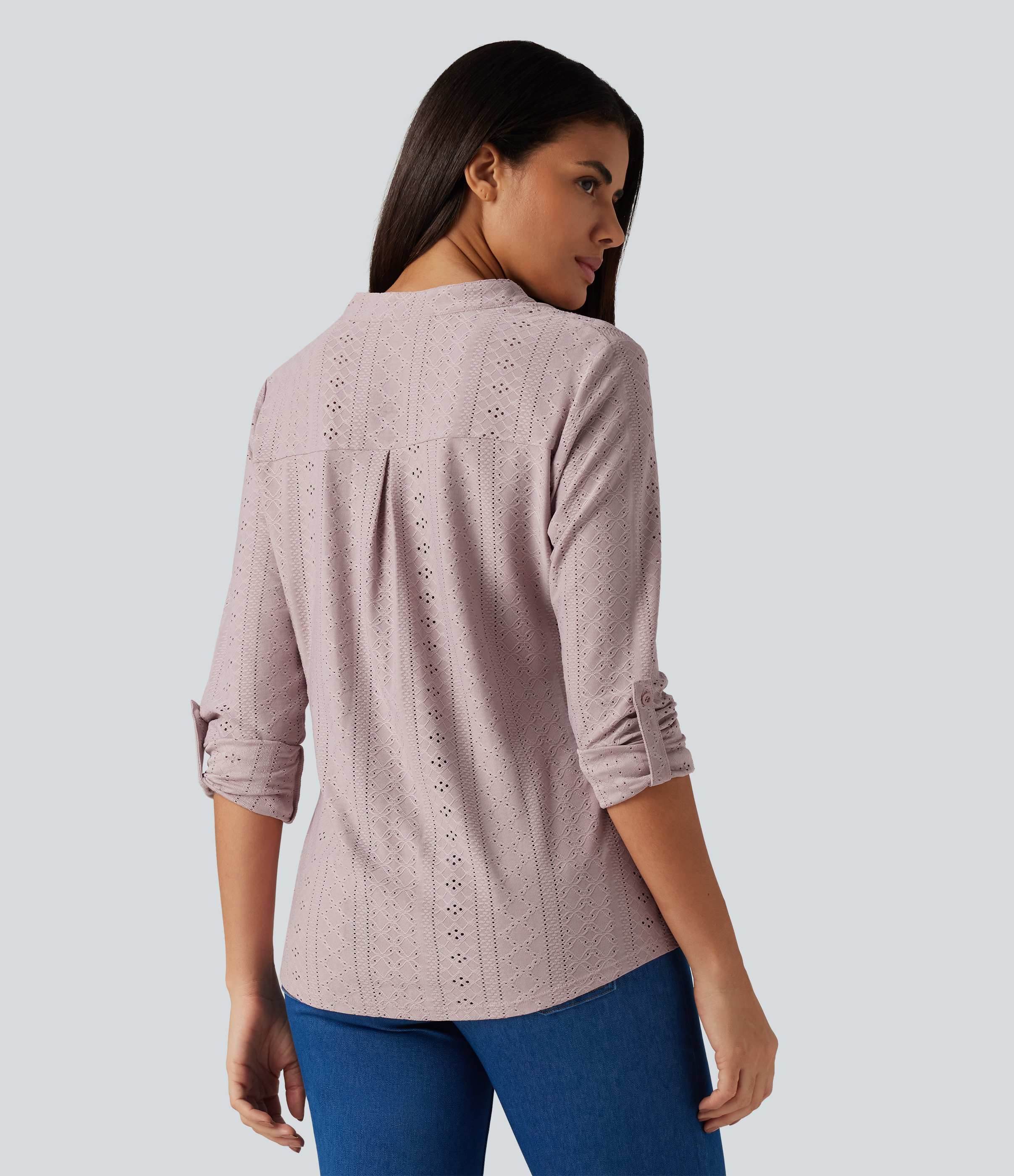 Pearl Pink Luźny top z dekoltem w serek, długimi rękawami i ażurowym (eyelet) wykończeniem / 2