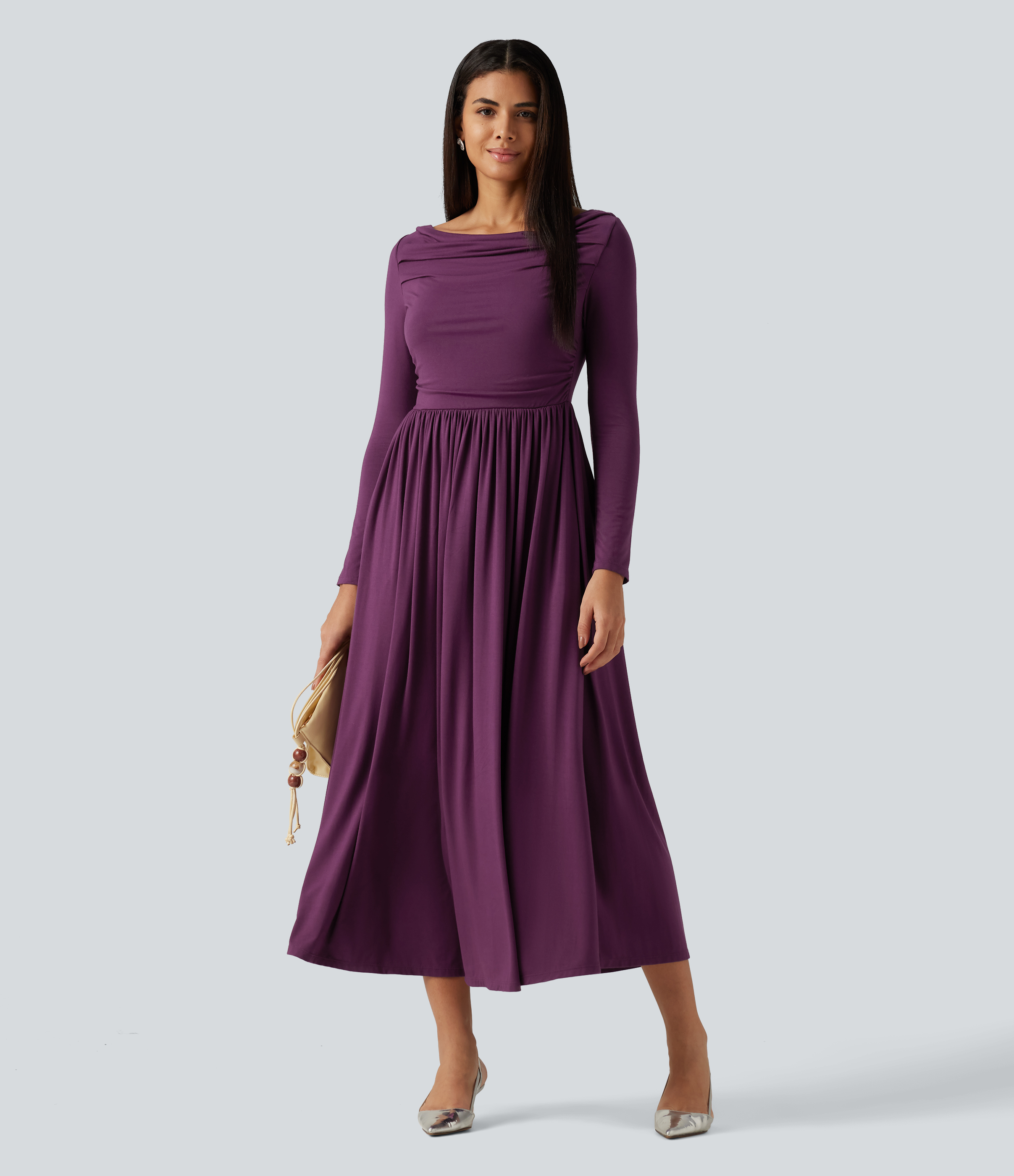 Robe midi de soirée à manches longues, épaules dénudées et poches
