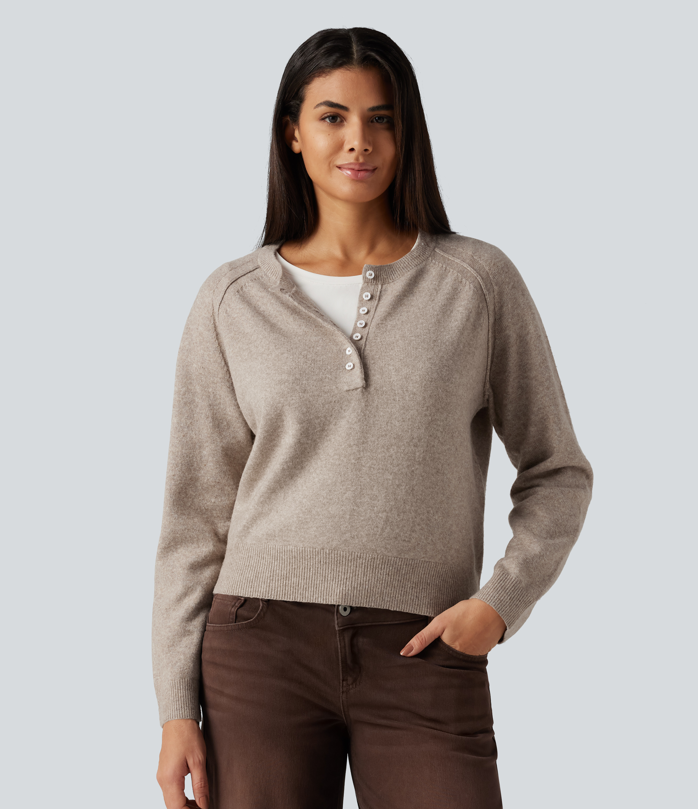 Henley Neck Long Sleeve Casual Sweater