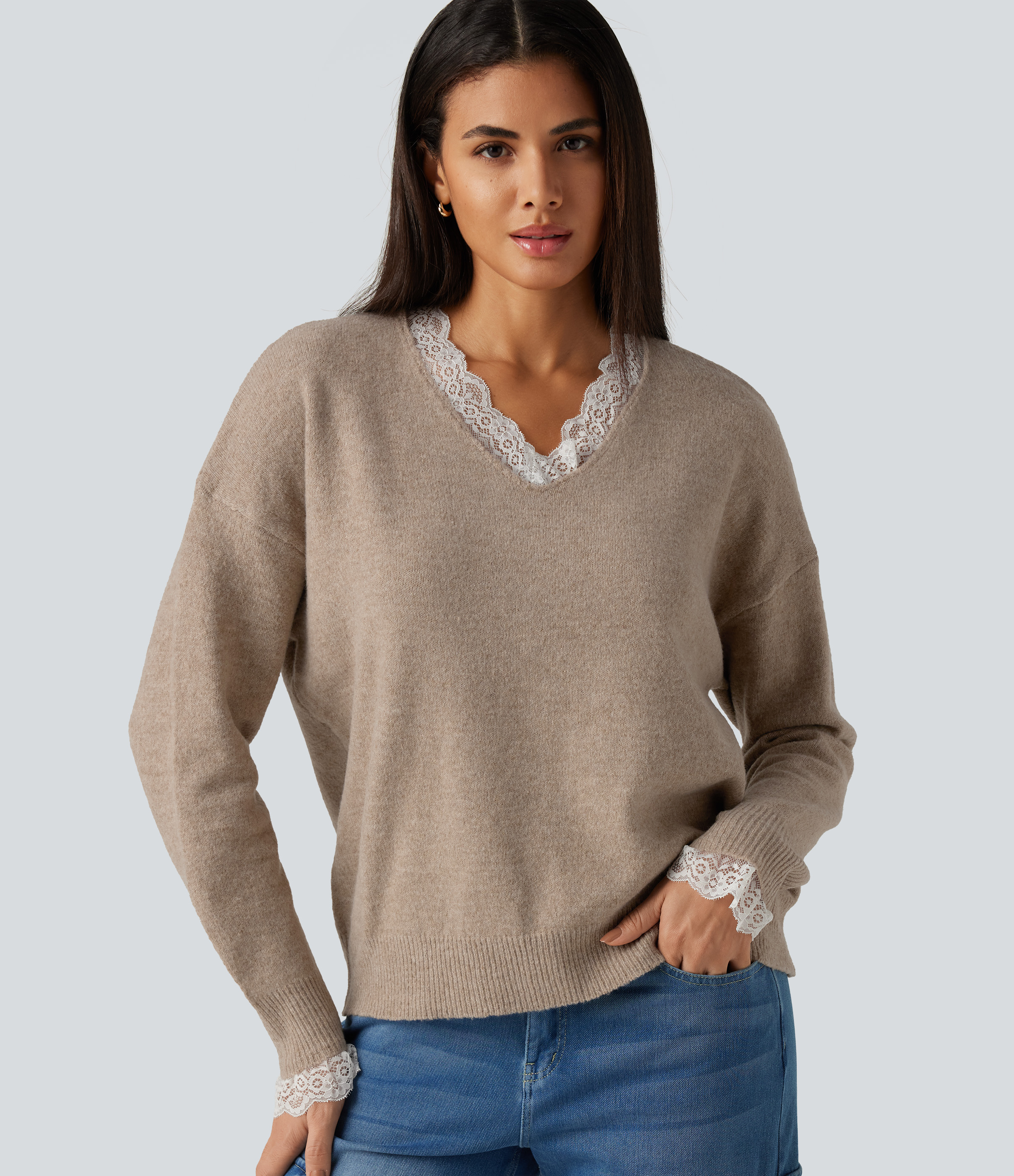 V Neck Contrast Lace Dropped Long Sleeve Casual Sweater
