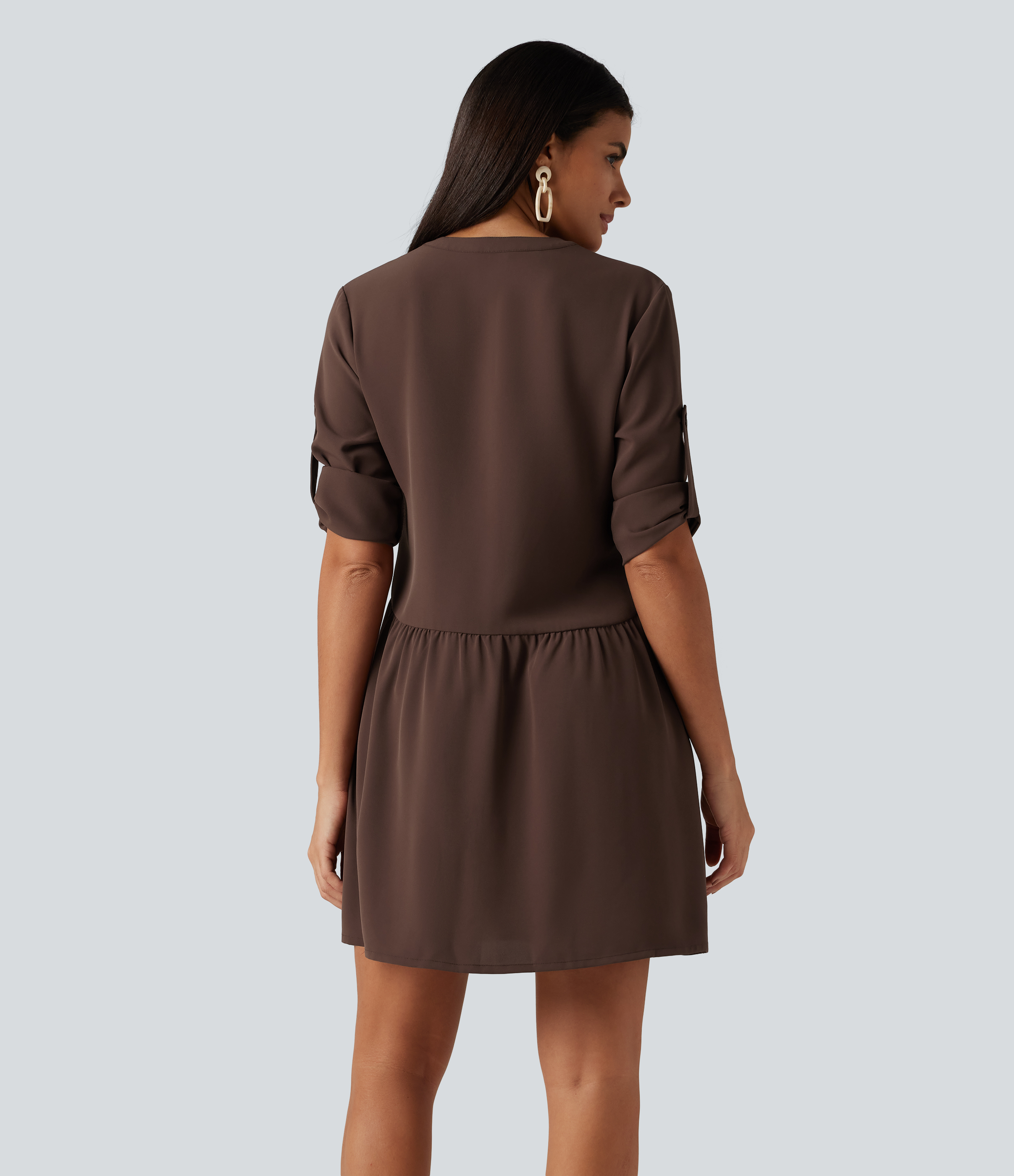 Brown Stone Notched Collar Long Sleeve Mini Casual Shirt Dress with Pockets / 2