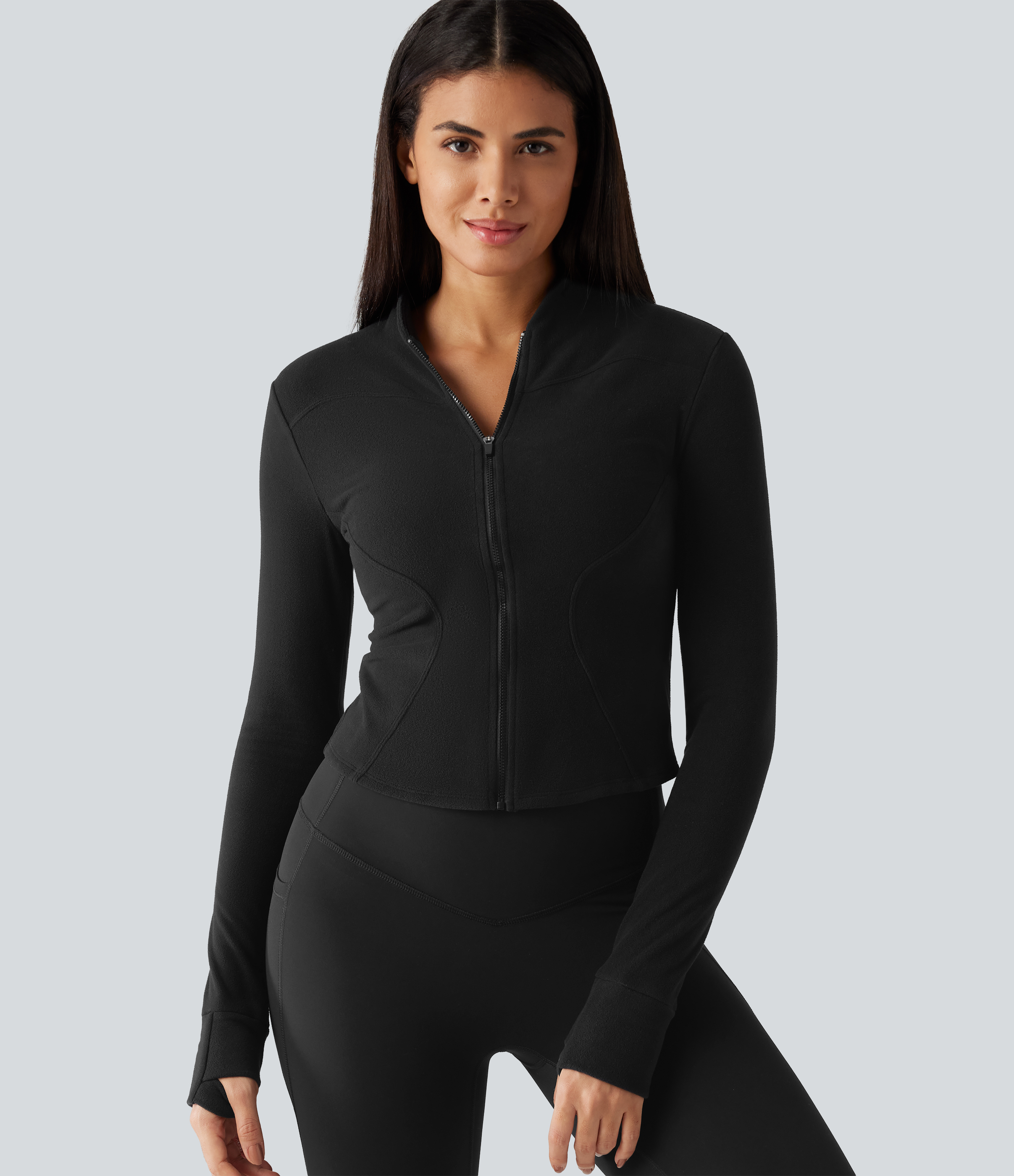 Stand Collar Long Sleeve Thumb Hole Yoga Jacket with Pockets