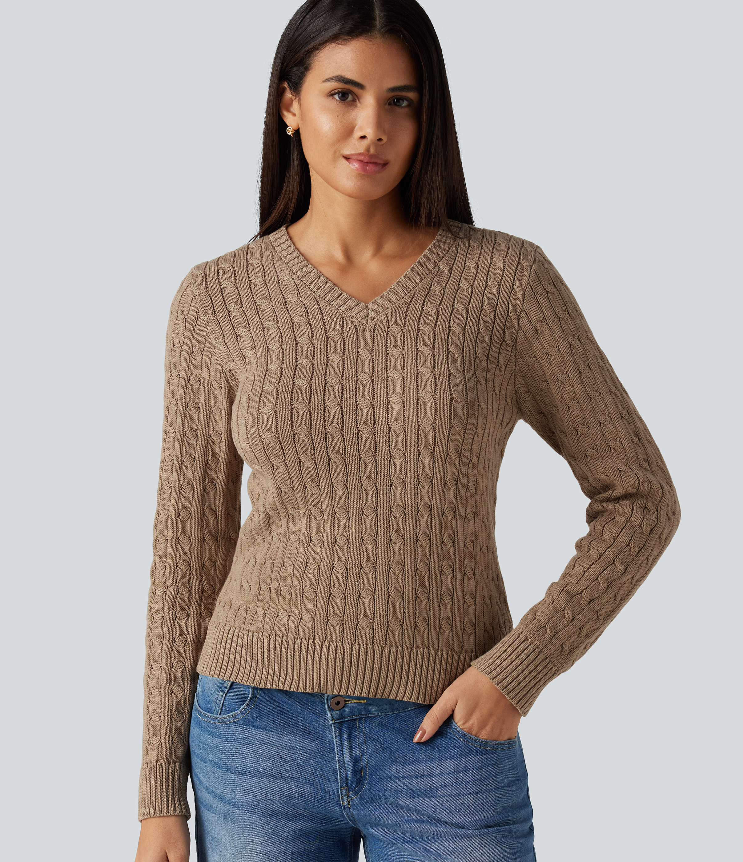 Cable Knit V Neck Long Sleeve Work Jumper