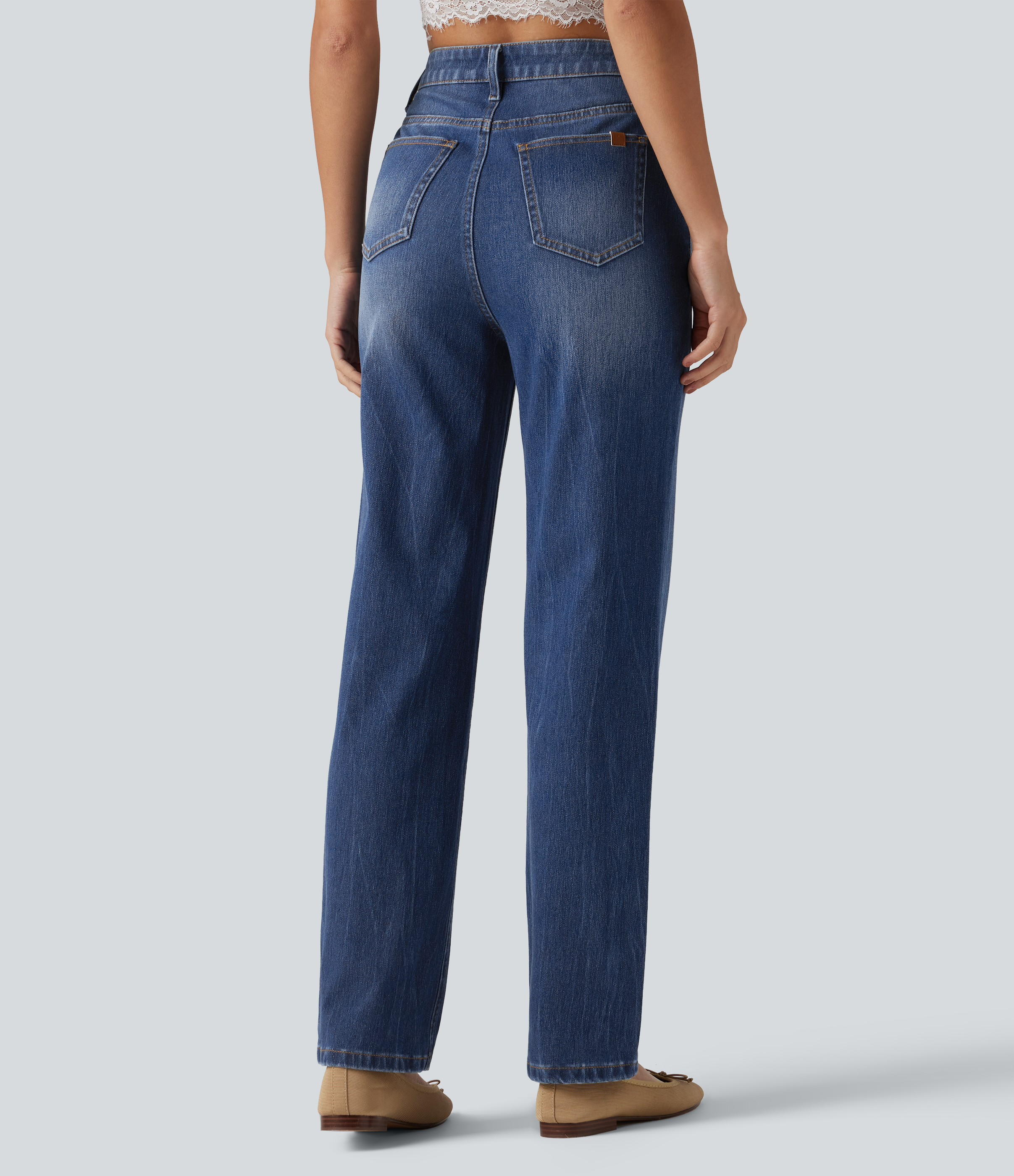 Tide Blue Denim Halara Flex™ High Waisted Straight Leg Casual Cotton Jeans with Pockets / 2
