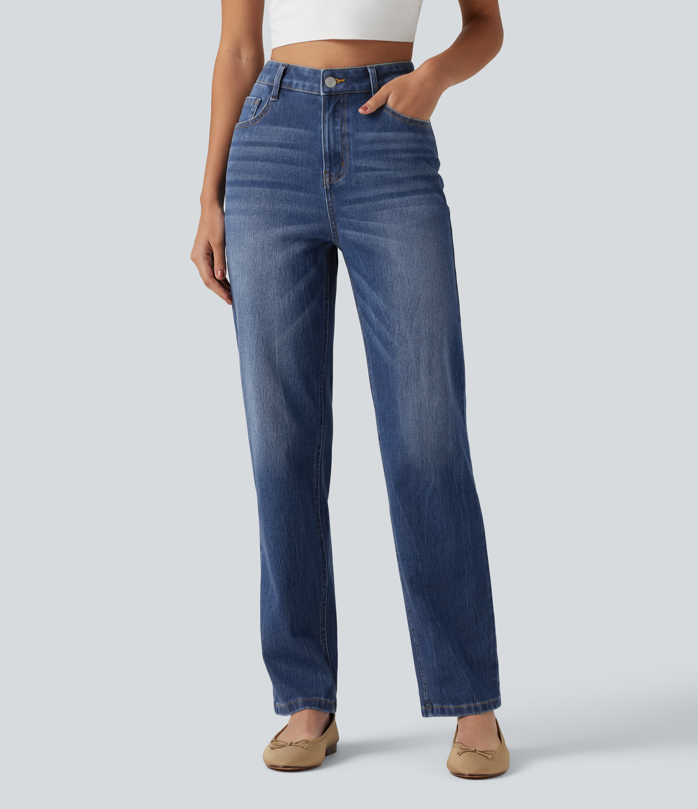 Halara Flex™ High Waisted Straight Leg Casual Cotton Jeans with Pockets