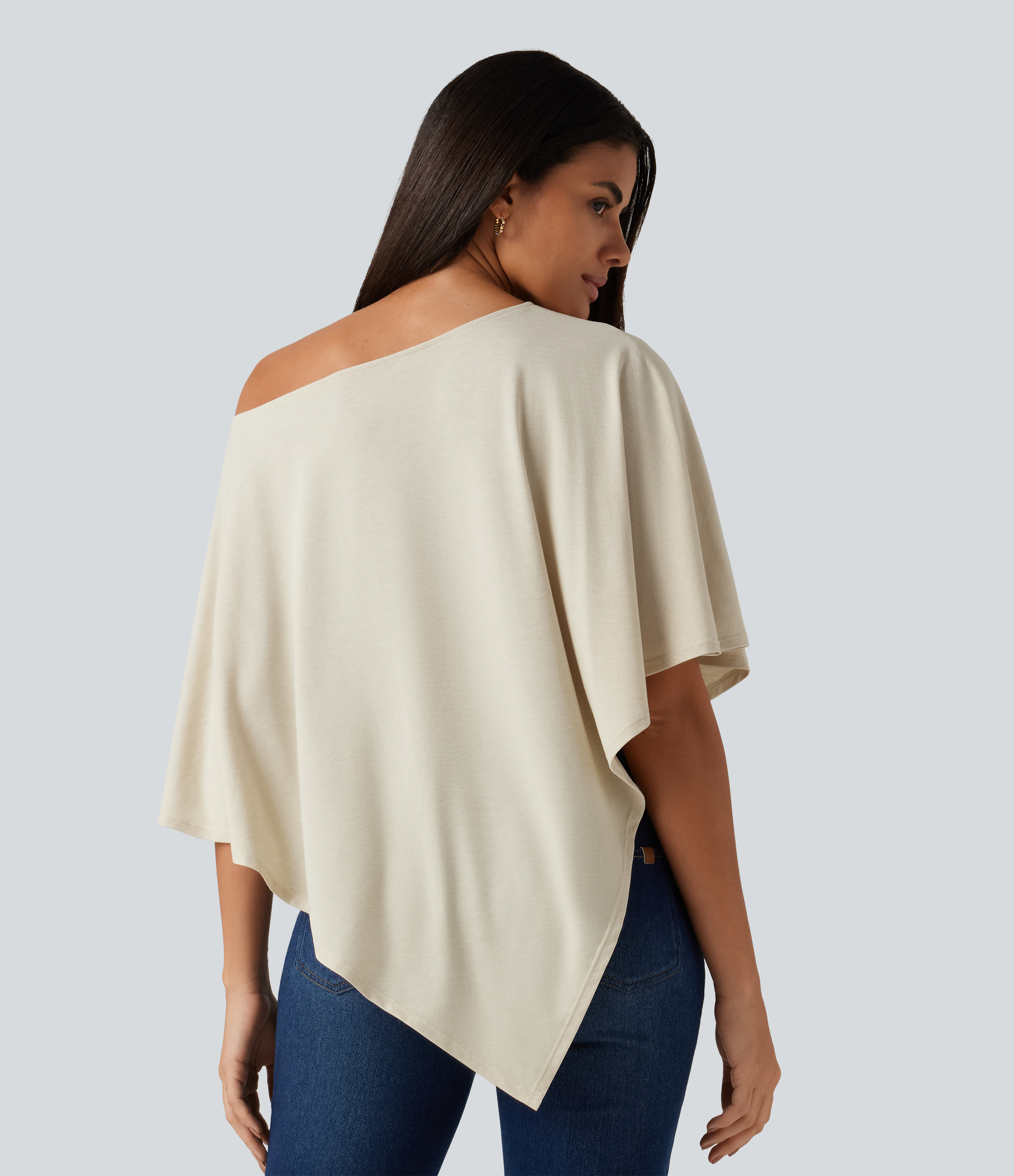 Soft Rice White One Shoulder Half Sleeve Batwing Asymmetric Hem Oversized Casual Top / 2