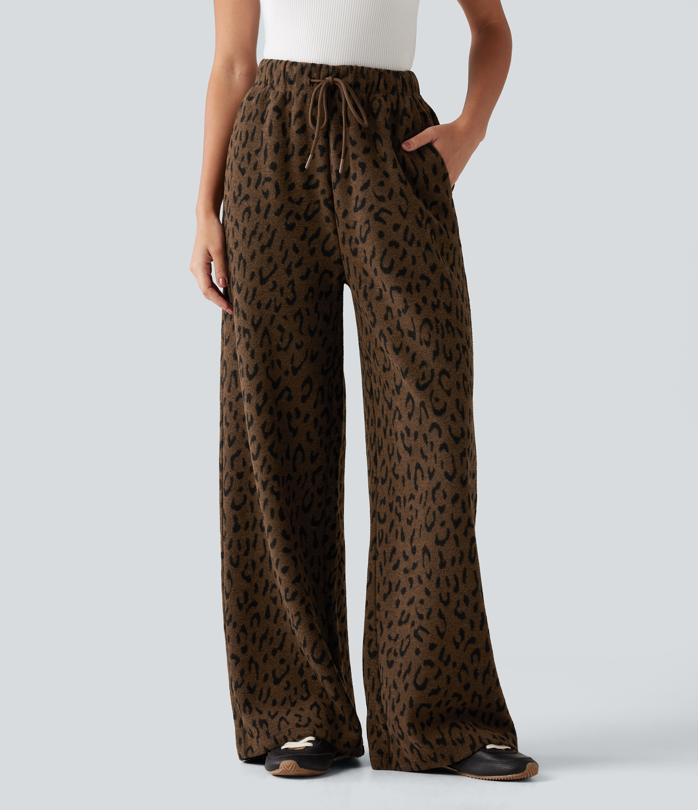 High Waisted Drawstring Leopard Print Wide Leg Casual Plush Pants with Pockets