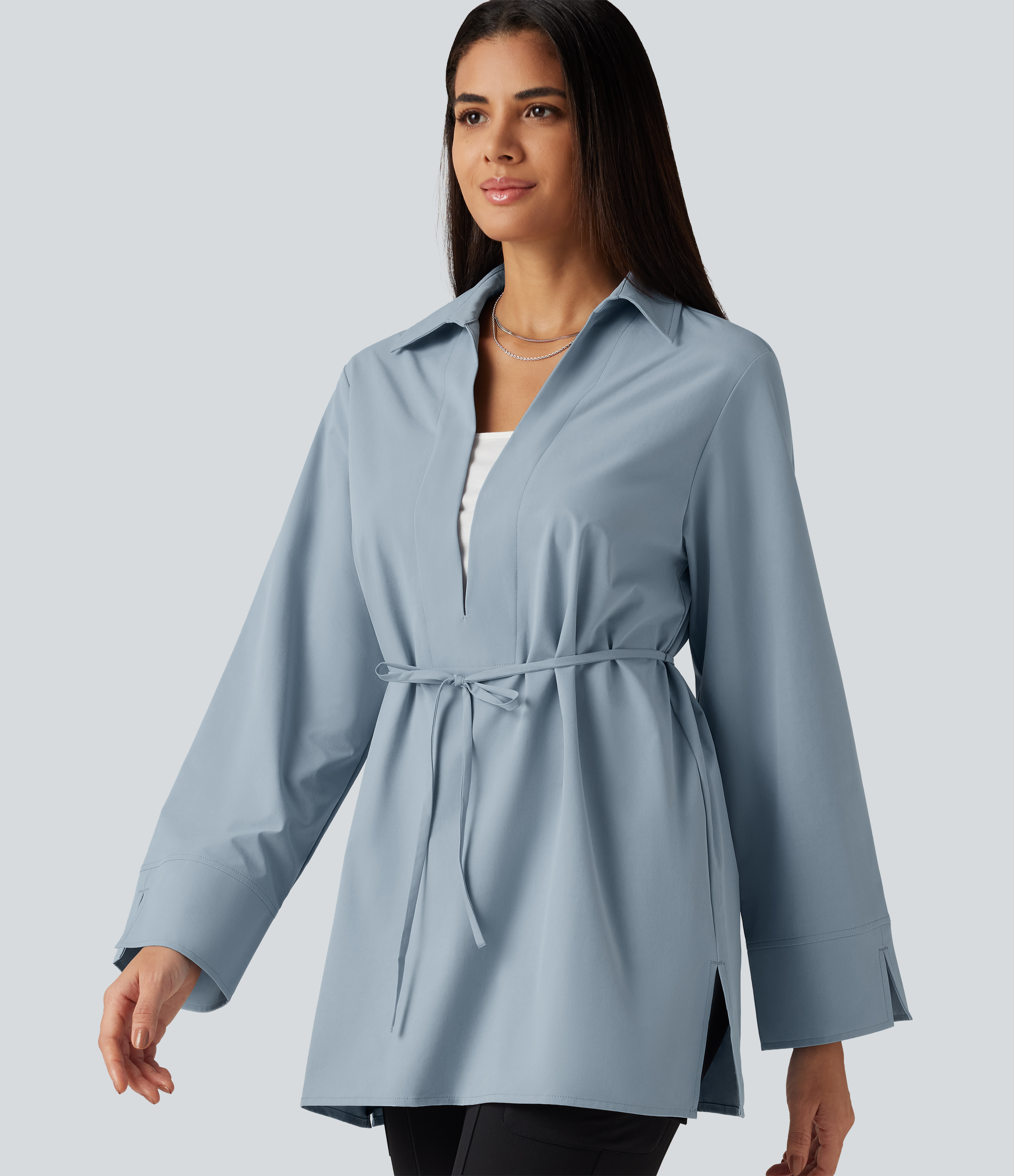 Color Block Belted Long Sleeve Work Shirt