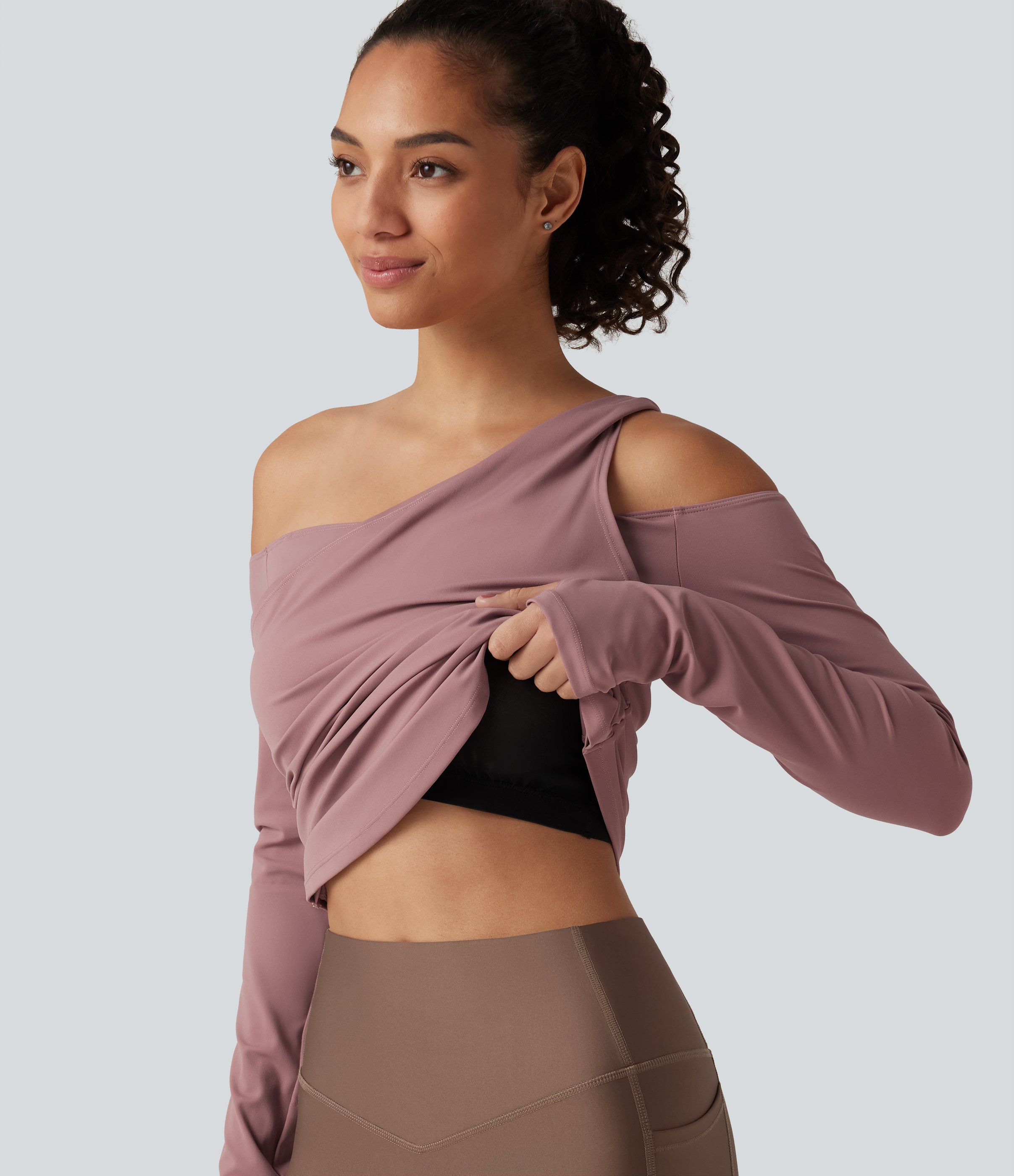 One Shoulder Long Sleeve Thumb Hole Ruched Built-in Bra InstantCool Quick Dry Yoga Sports Top-UPF50+
