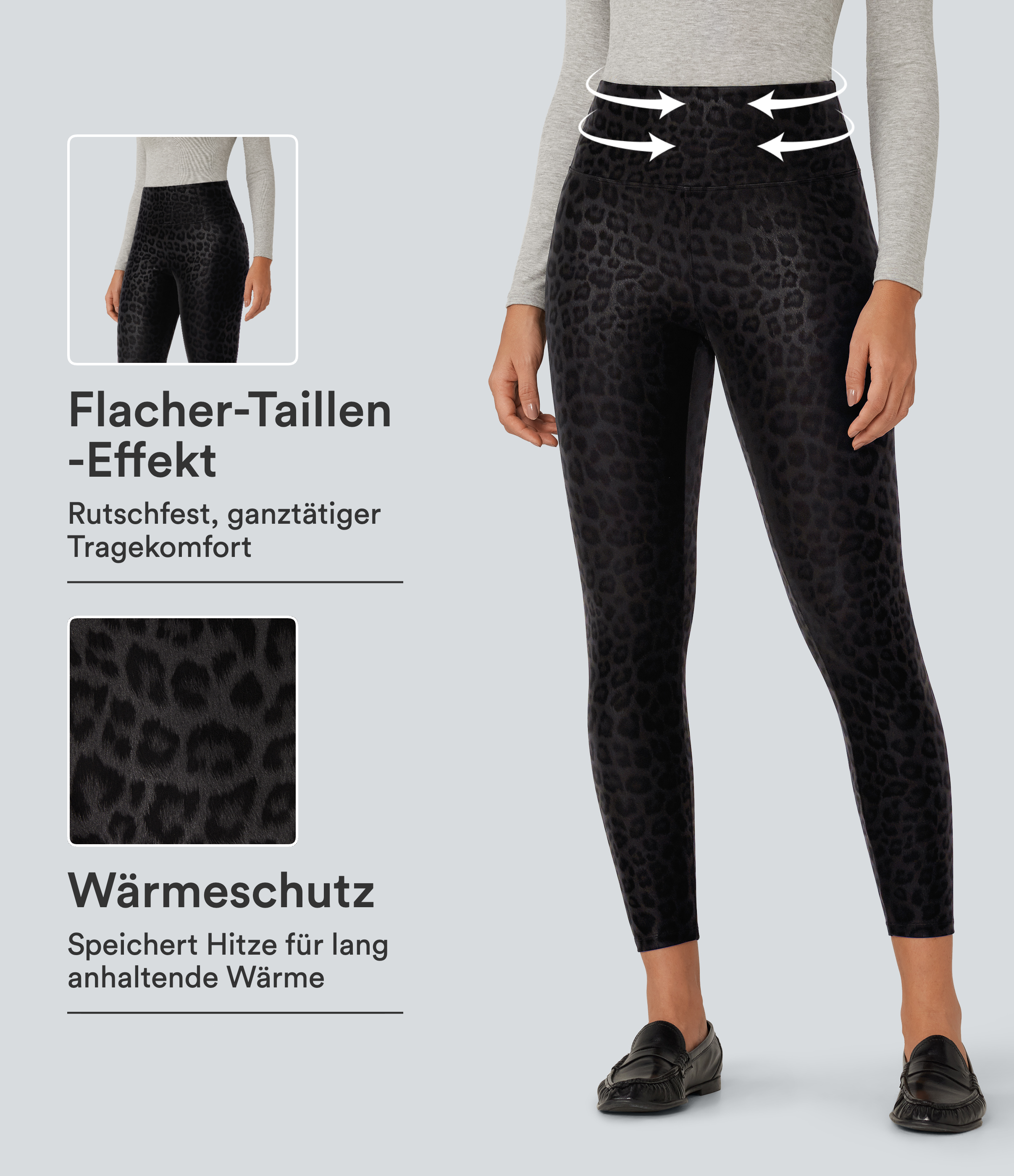 Lässige Fleece-Leggings aus elastischem Kunstleder mit hohem Bund, Gesäßtaschen und Leopardenmuster