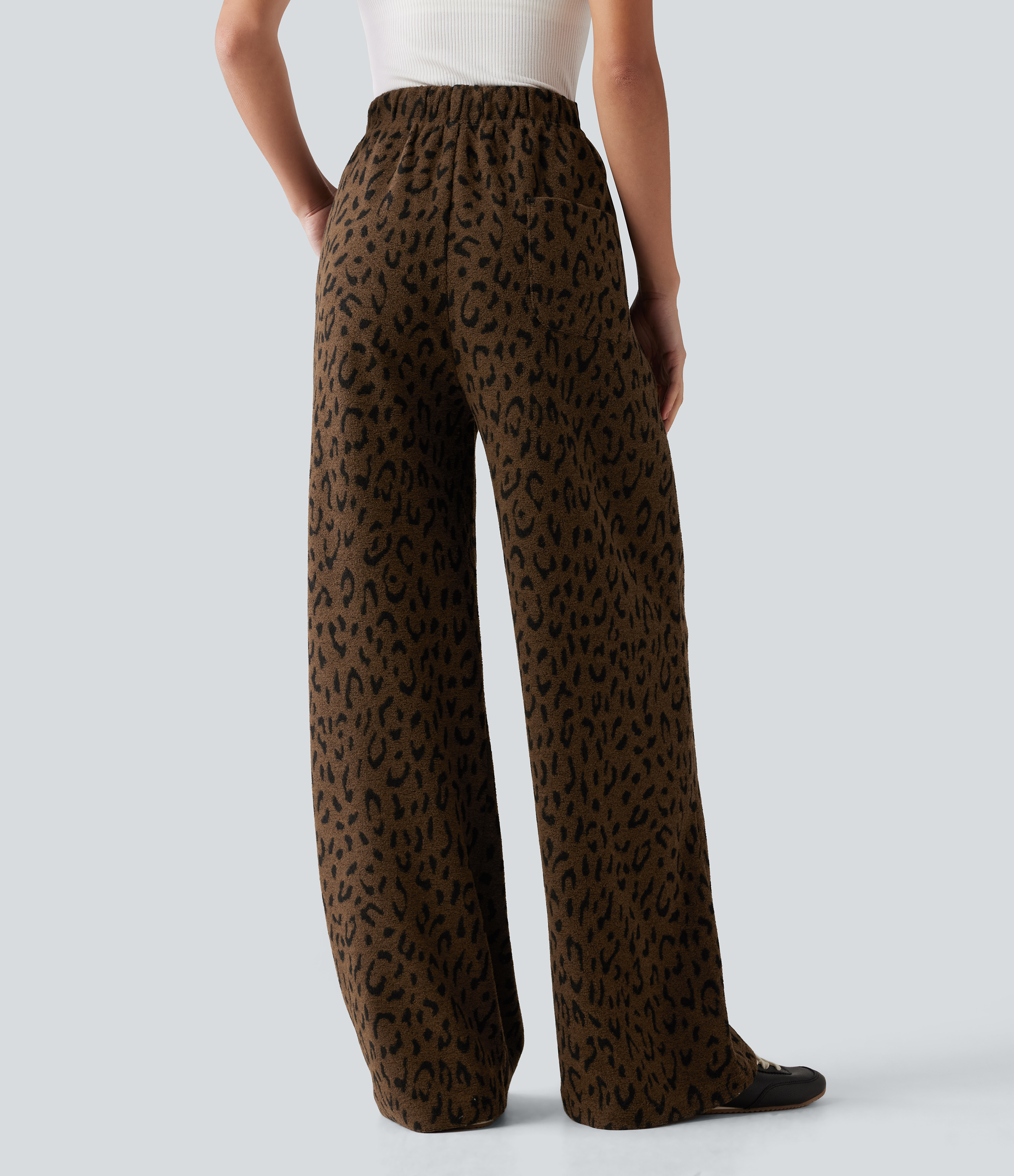 Brown and Black Leopard High Waisted Drawstring Leopard Print Wide Leg Casual Plush Pants with Pockets / 2