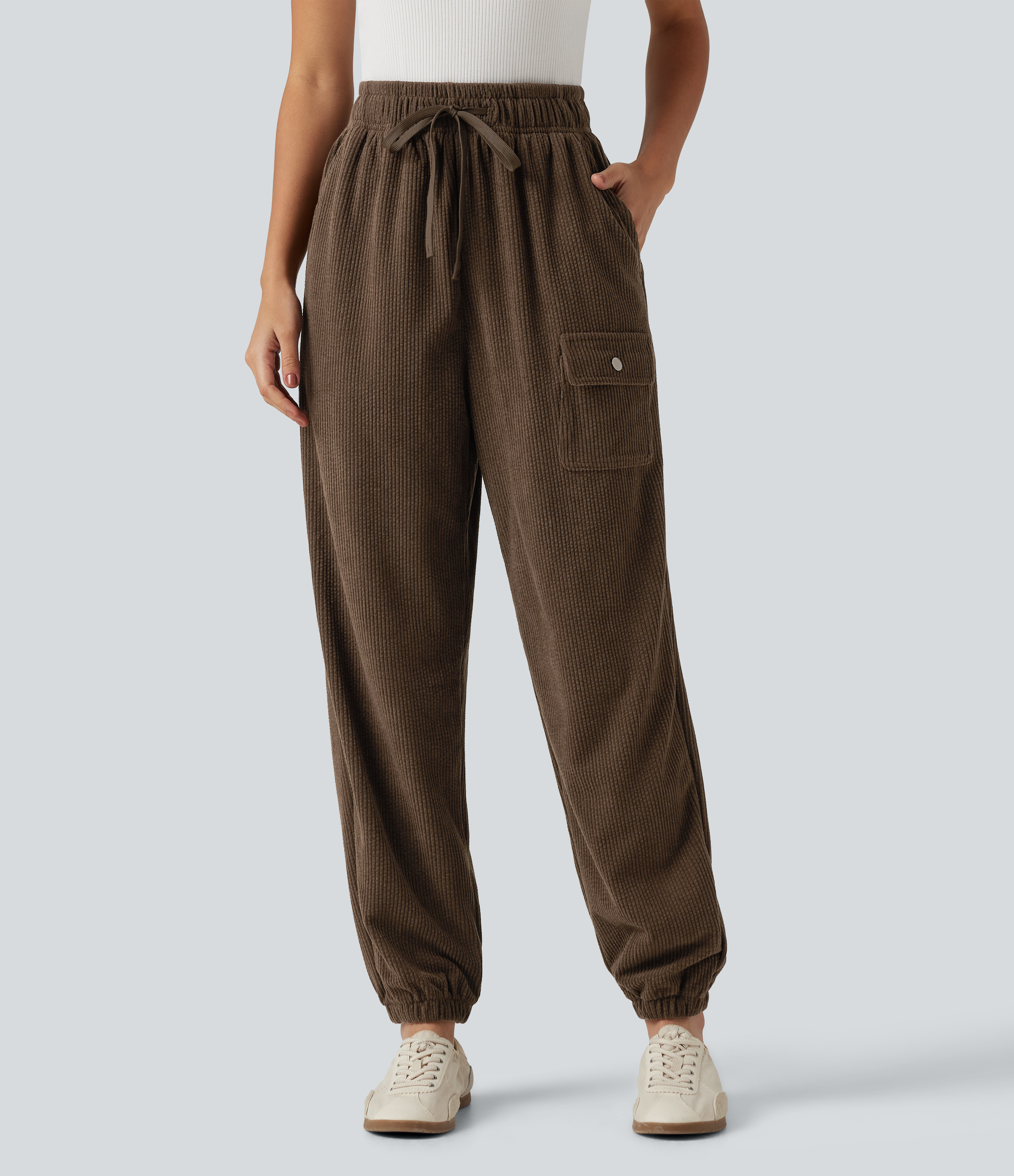High Waisted Drawstring Tapered Corduroy Casual Pants with Pockets