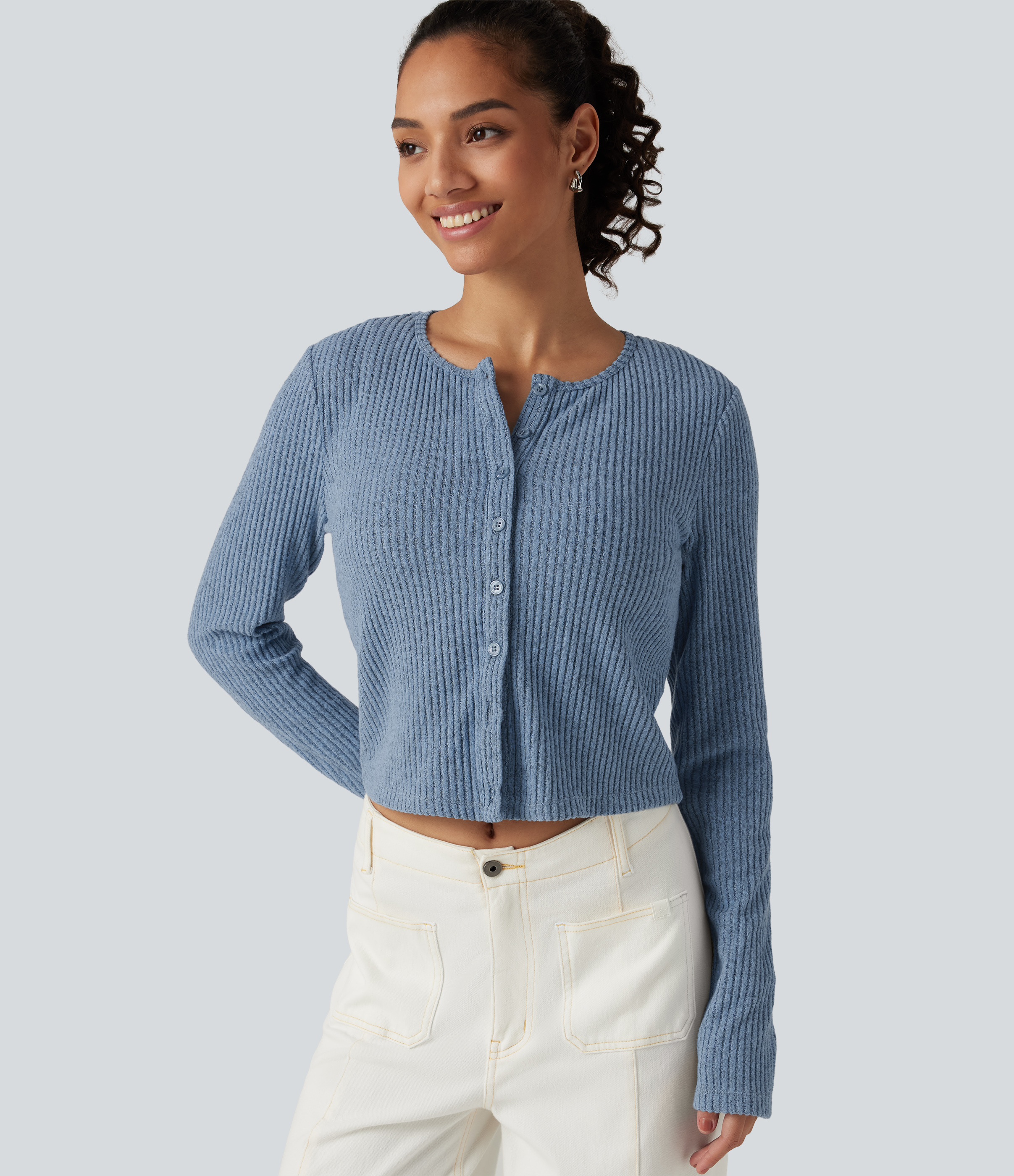 Ribbed Knit Round Neck Long Sleeve Lounge Top
