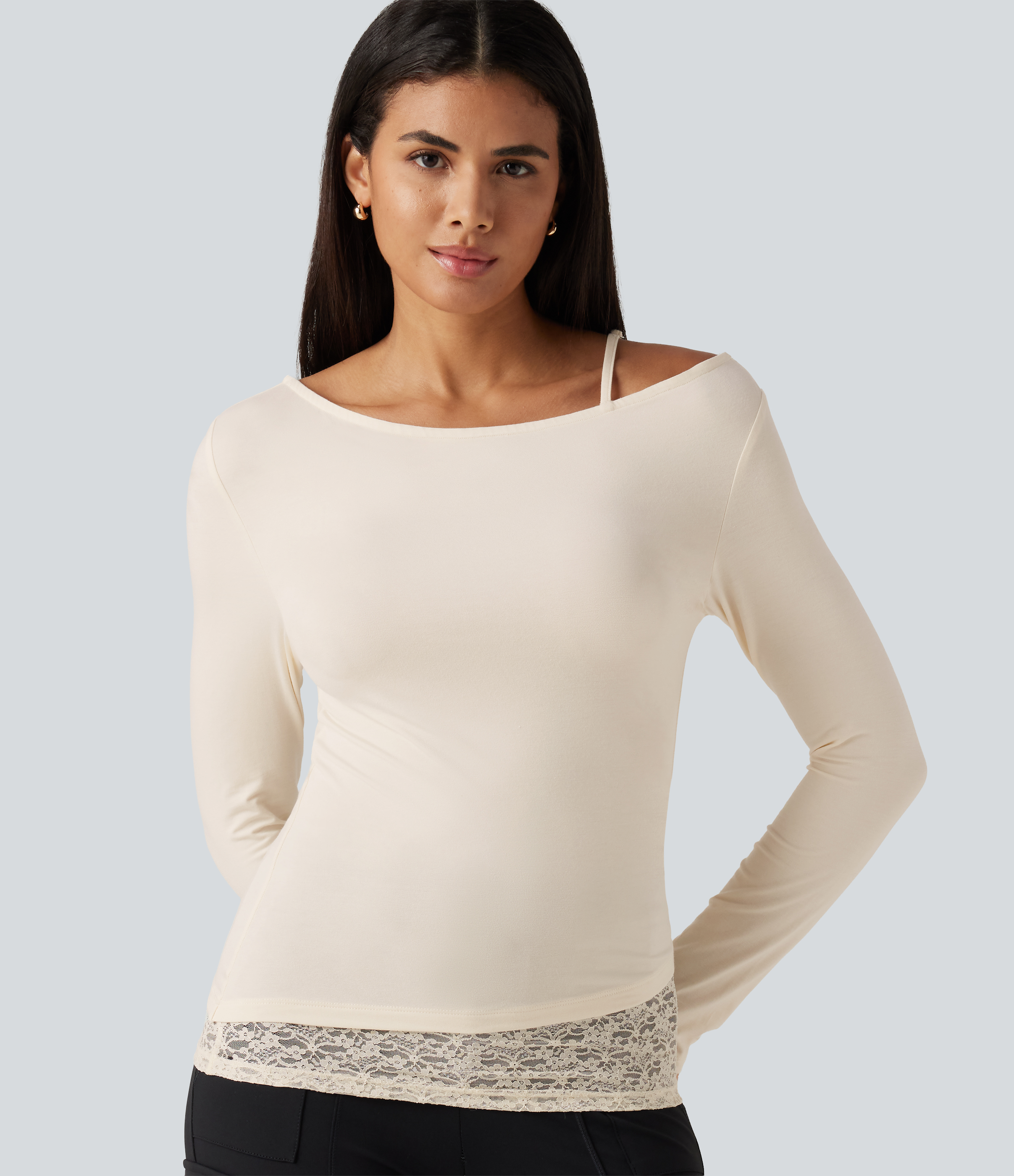One Shoulder Long Sleeve Contrast Lace Casual T-Shirt
