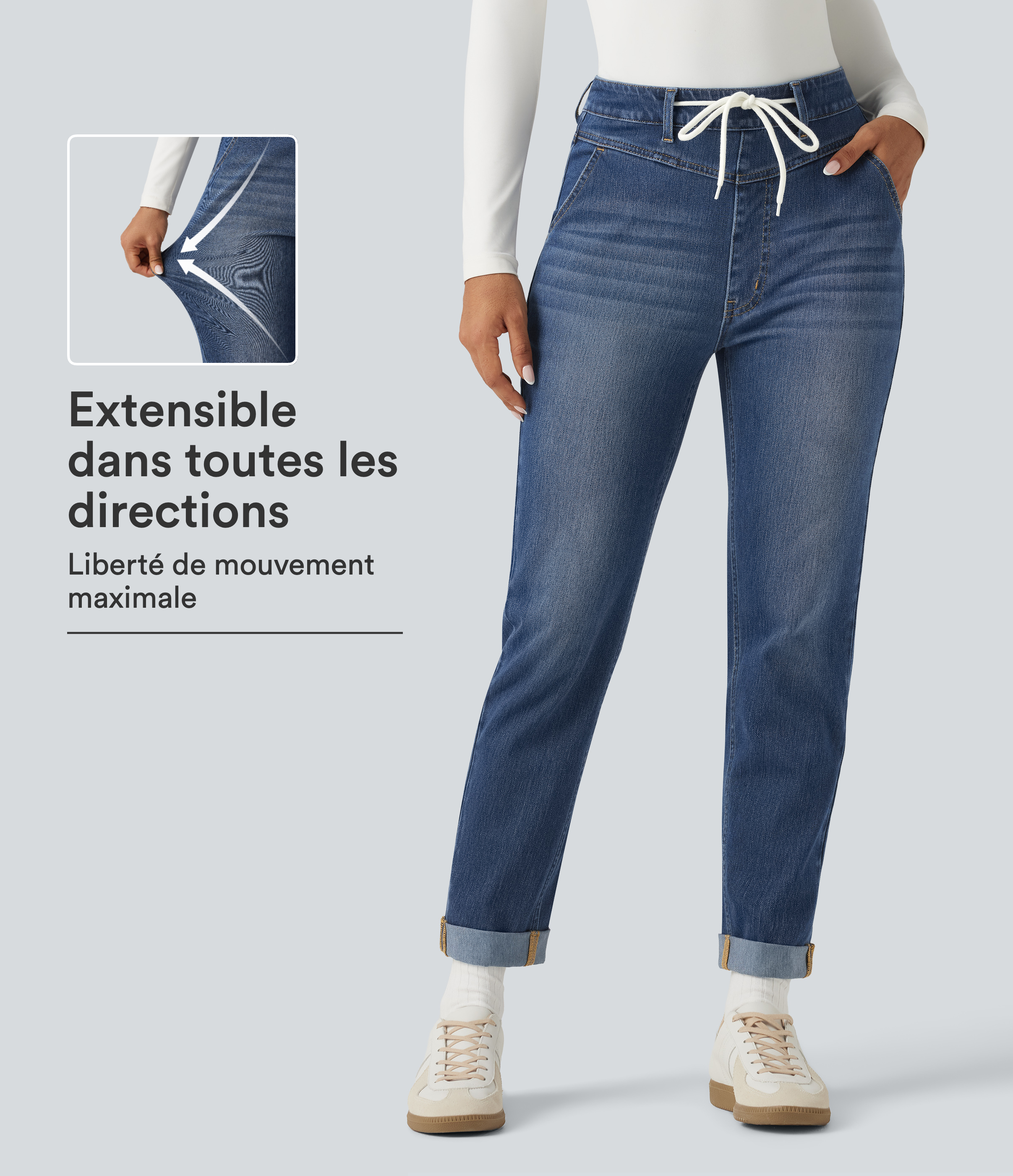 Estate Blue Denim Jean Halara Flex™ taille haute à cordon de serrage avec poches / 1
