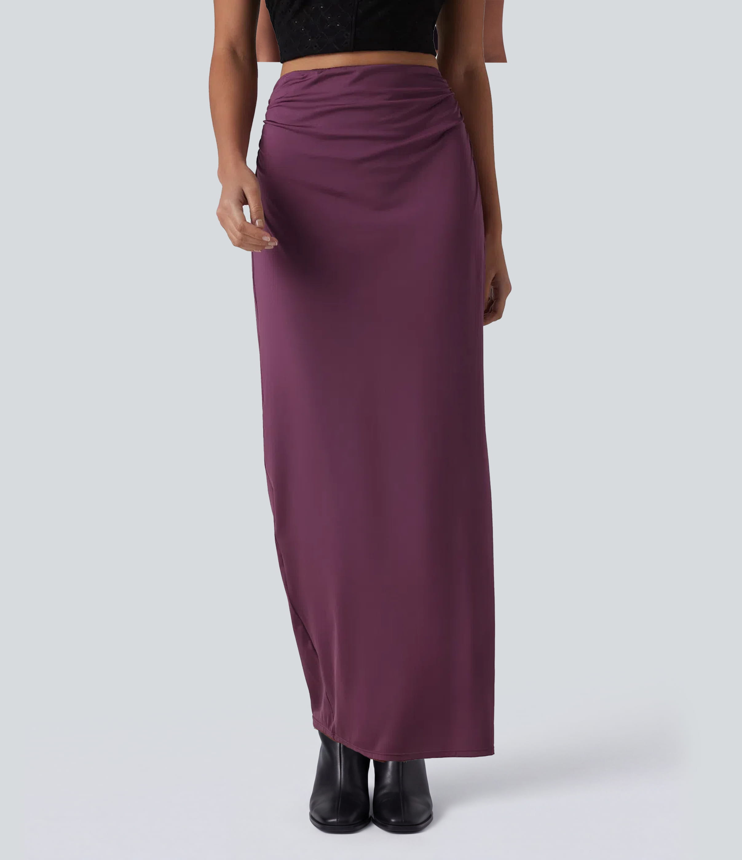 High Waisted Ruched Stretchy Satin-Like InstantCool Maxi Casual Pencil Skirt