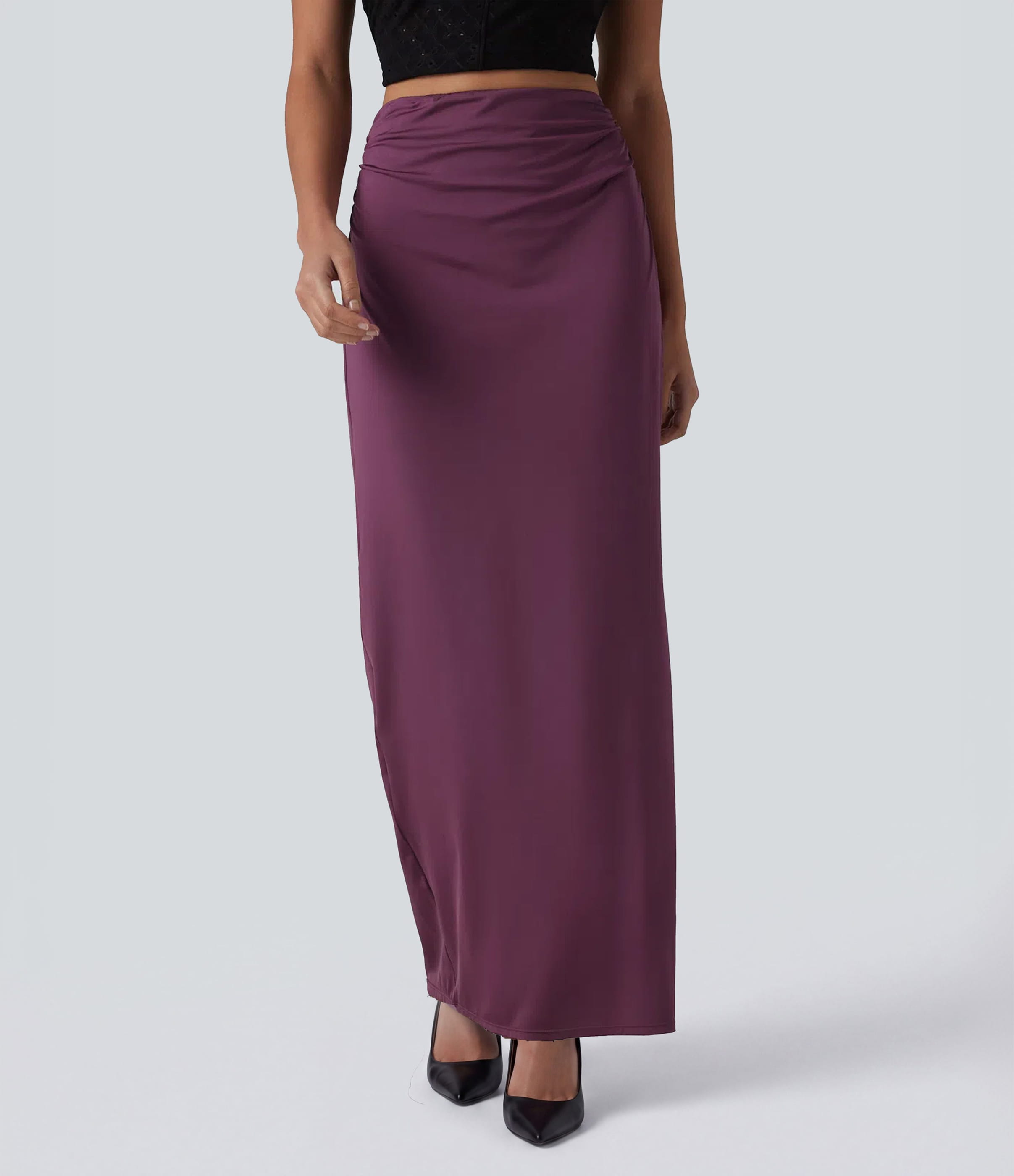 High Waisted Ruched Stretchy Satin-Like InstantCool Maxi Casual Pencil Skirt