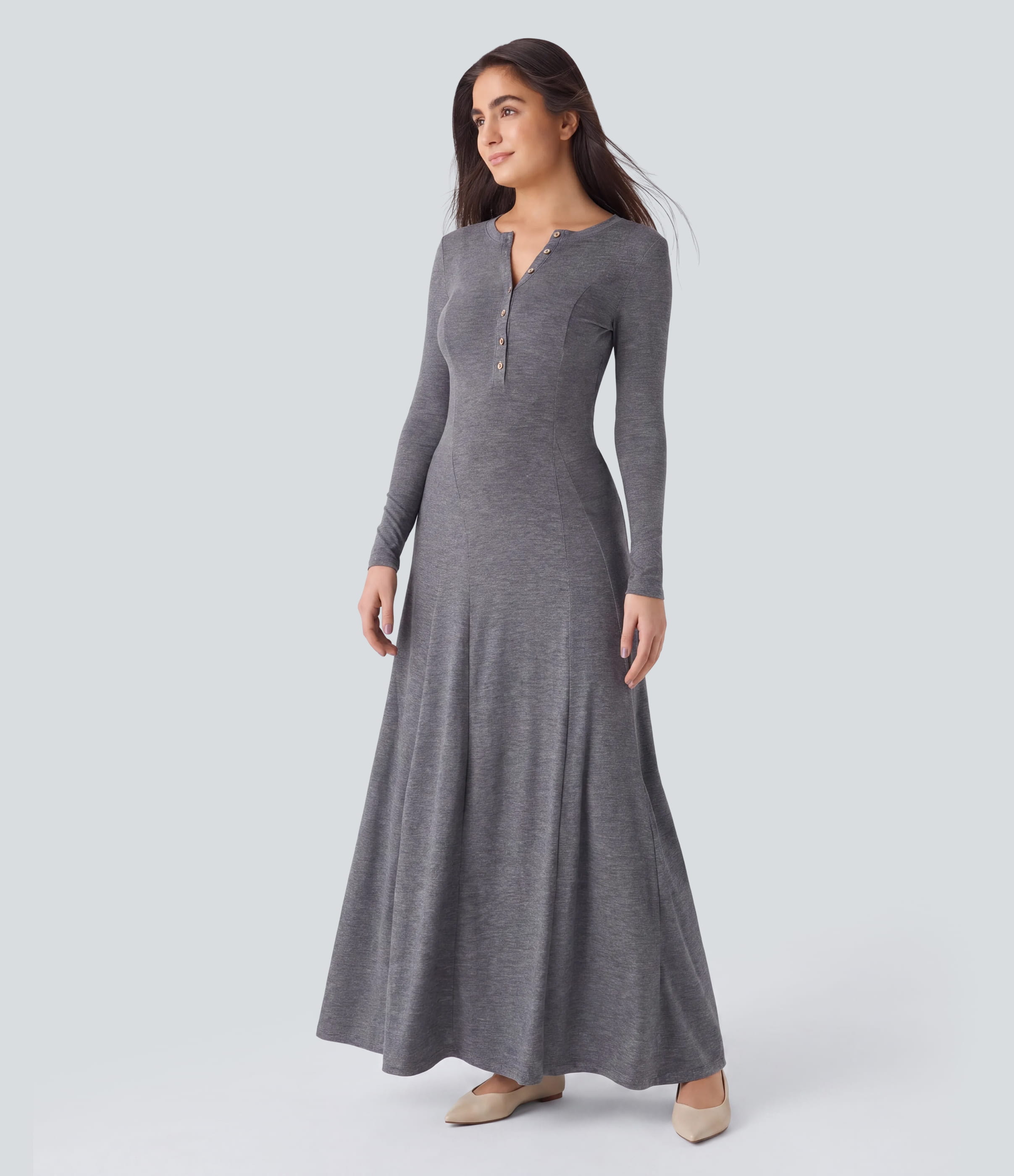 Darl Gray Floral Yarn Abito casual maxi svasato con scollo rotondo e maniche lunghe / 1
