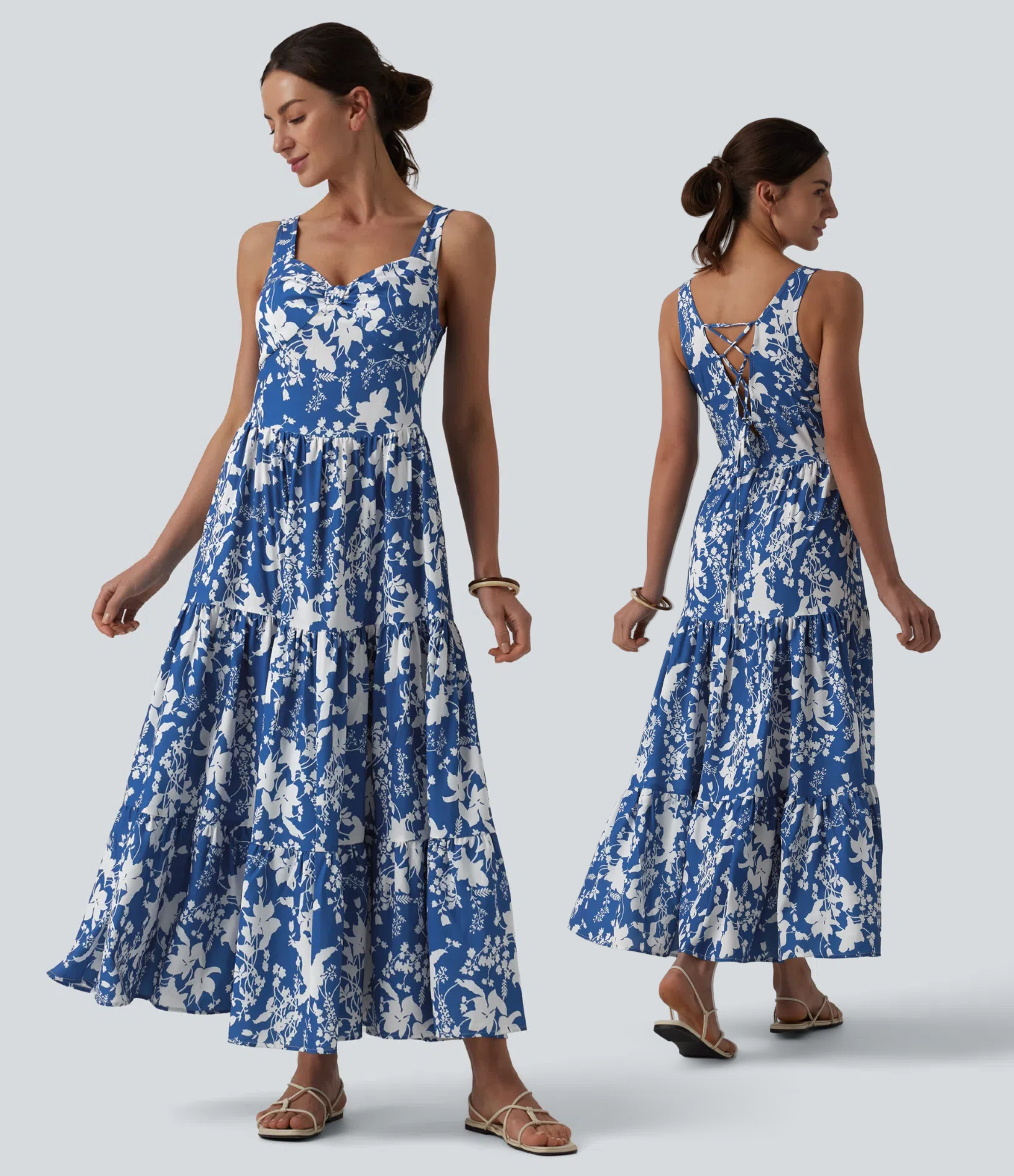 Robe longue resort décolleté cœur sans manches imprimé floral avec laçage