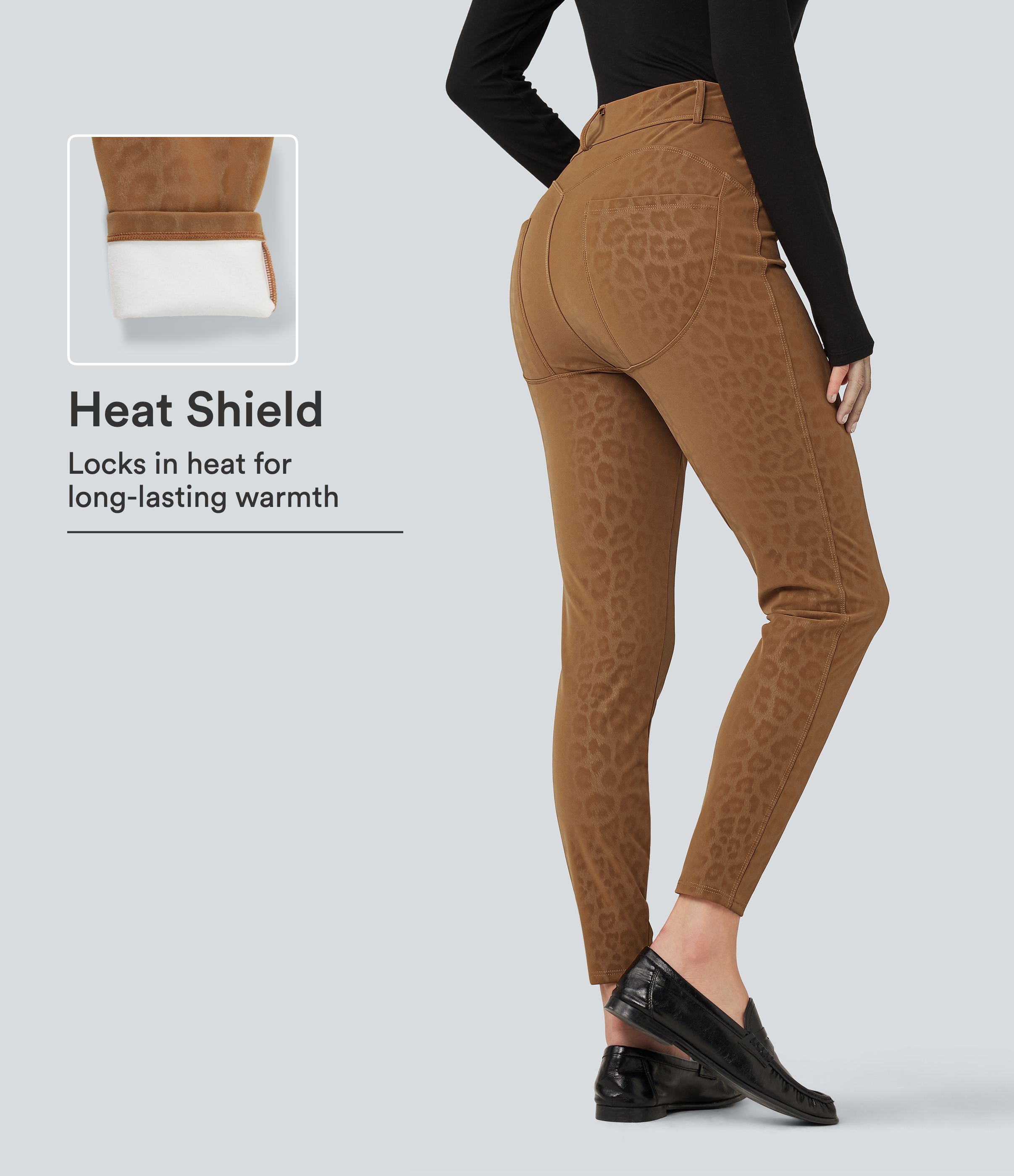 High Waisted Stretchy PU Leopard Print Fleece Casual Leggings with Pockets