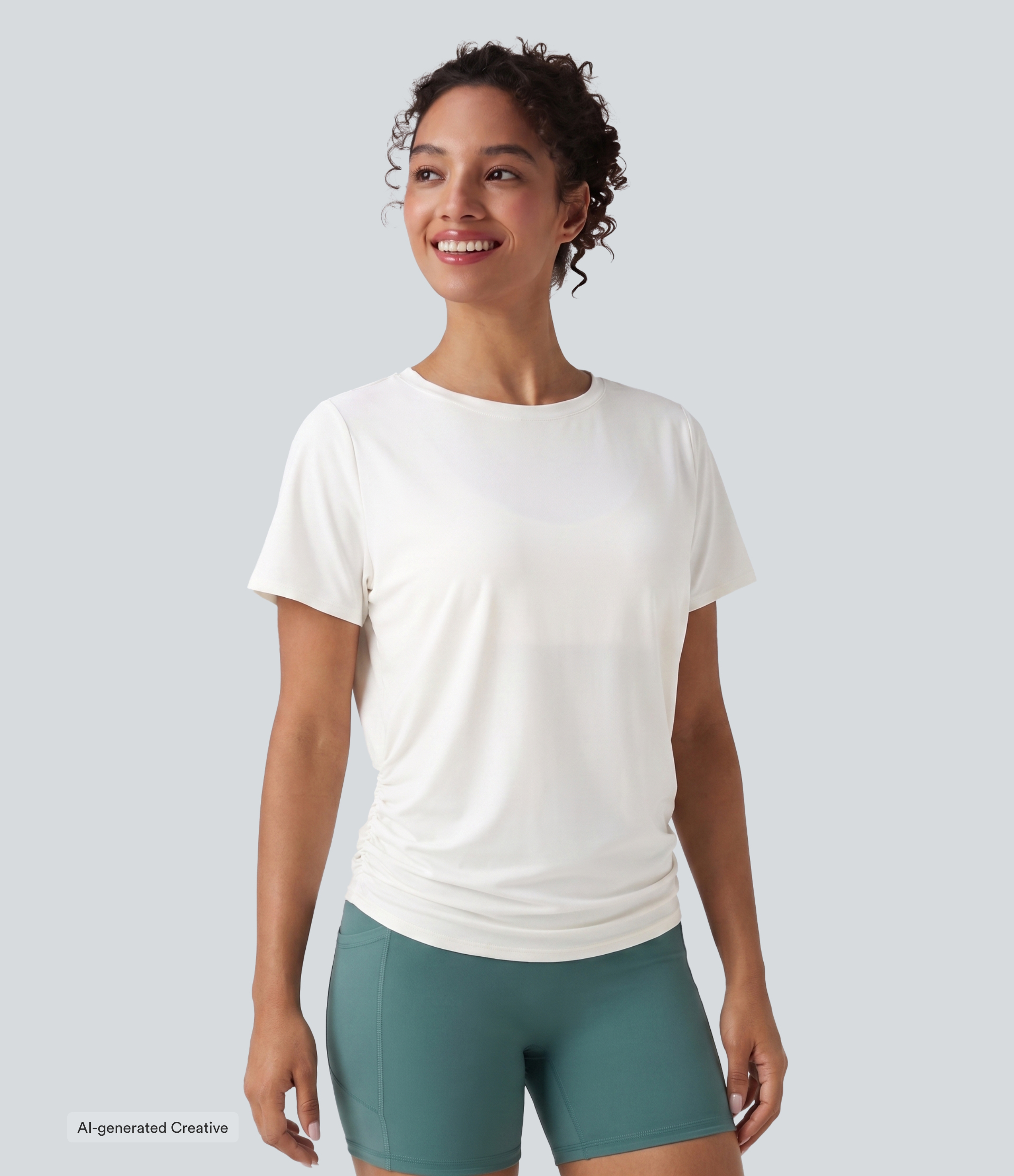 Rundhalsausschnitt, Kurzarm, mit Raffung InstantCool Yoga-Sporttop – verlängerte Länge – UPF50+