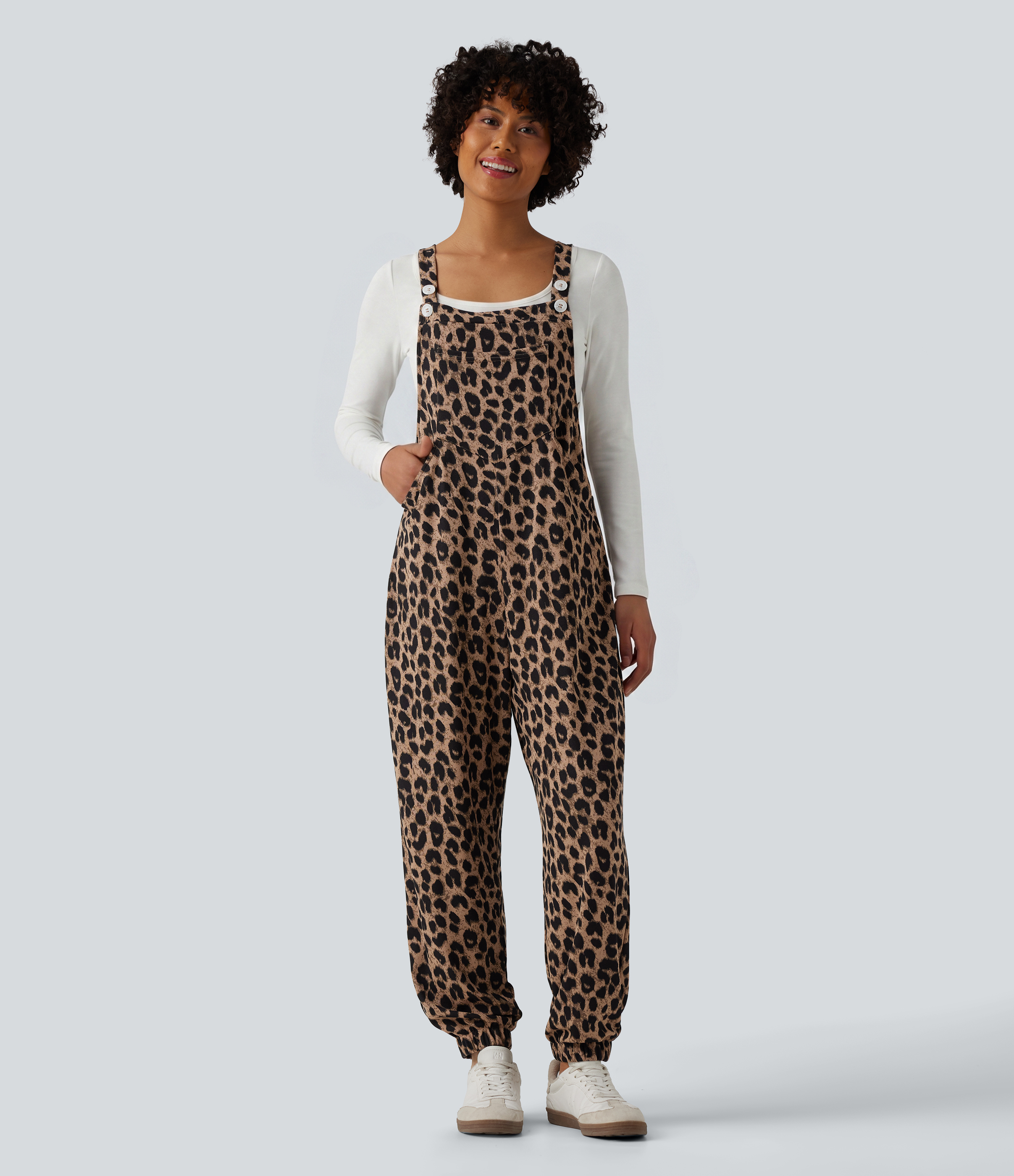 Adjustable Straps Leopard Print Waffle Casual Jogger Overalls with Pockets