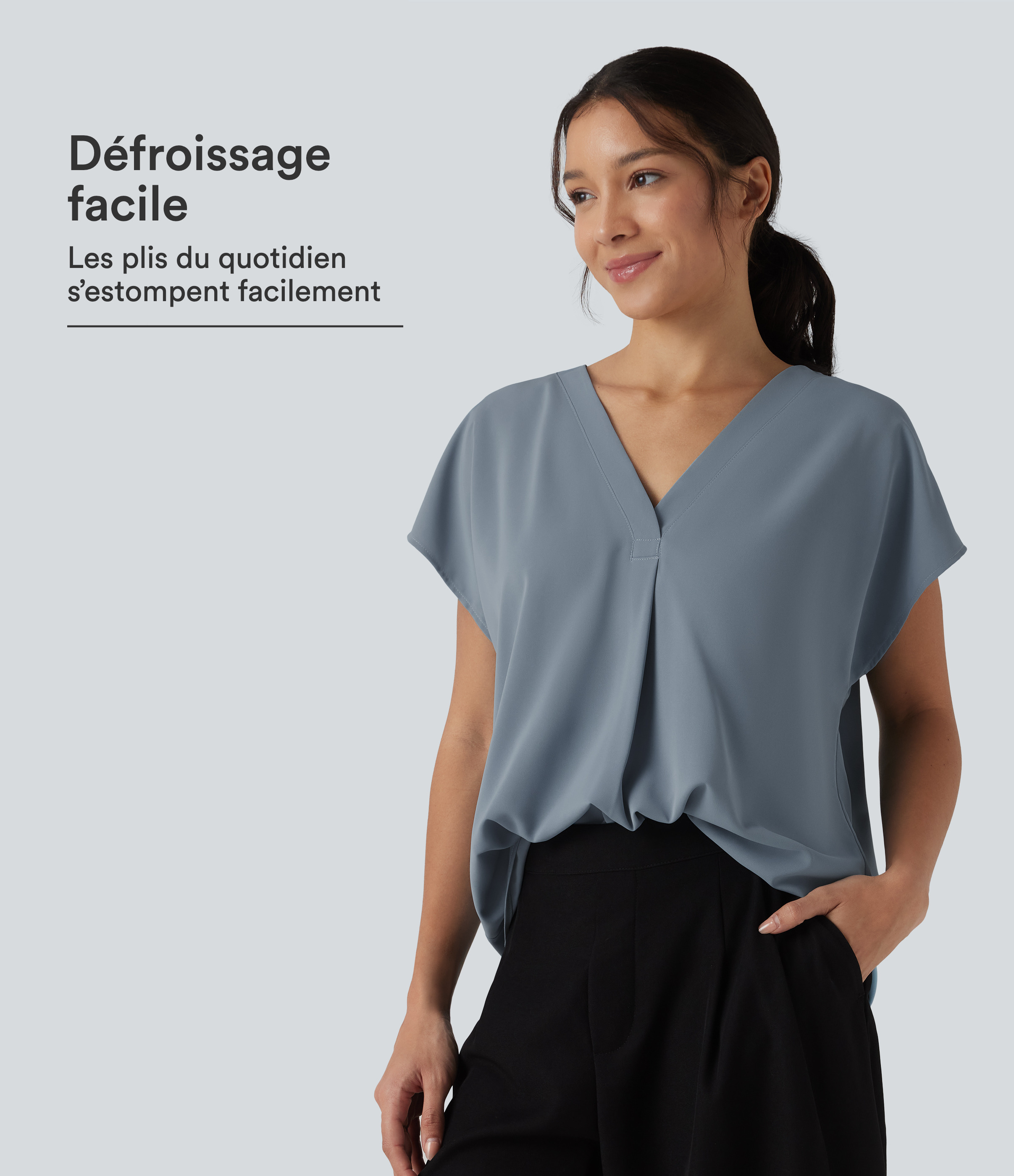 Blouse esprit bureau oversize défroissage facile, col V et manches courtes
