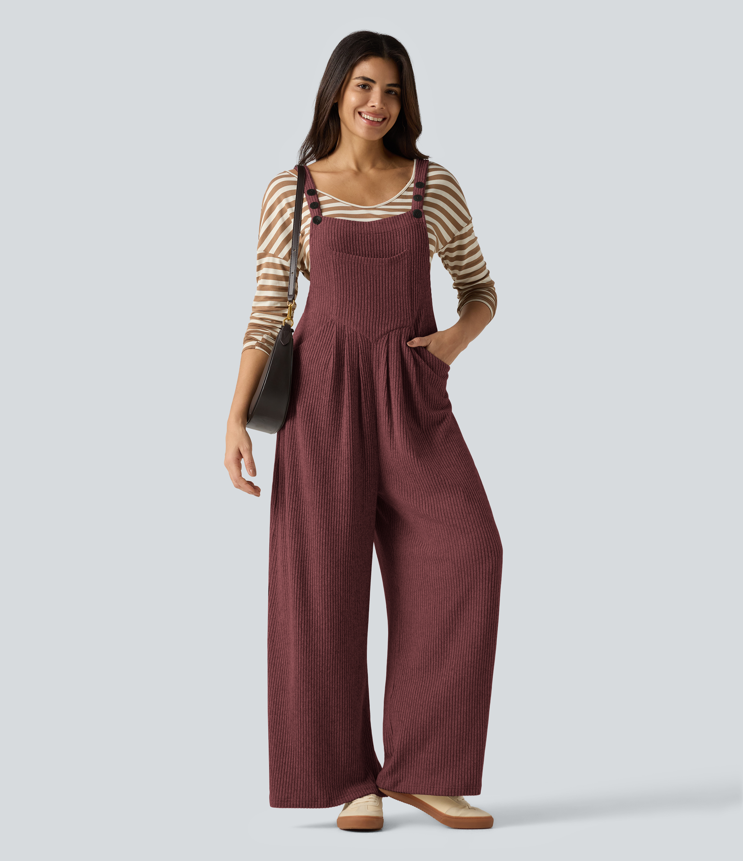 Ribbed Knit Casual Overalls with Pockets