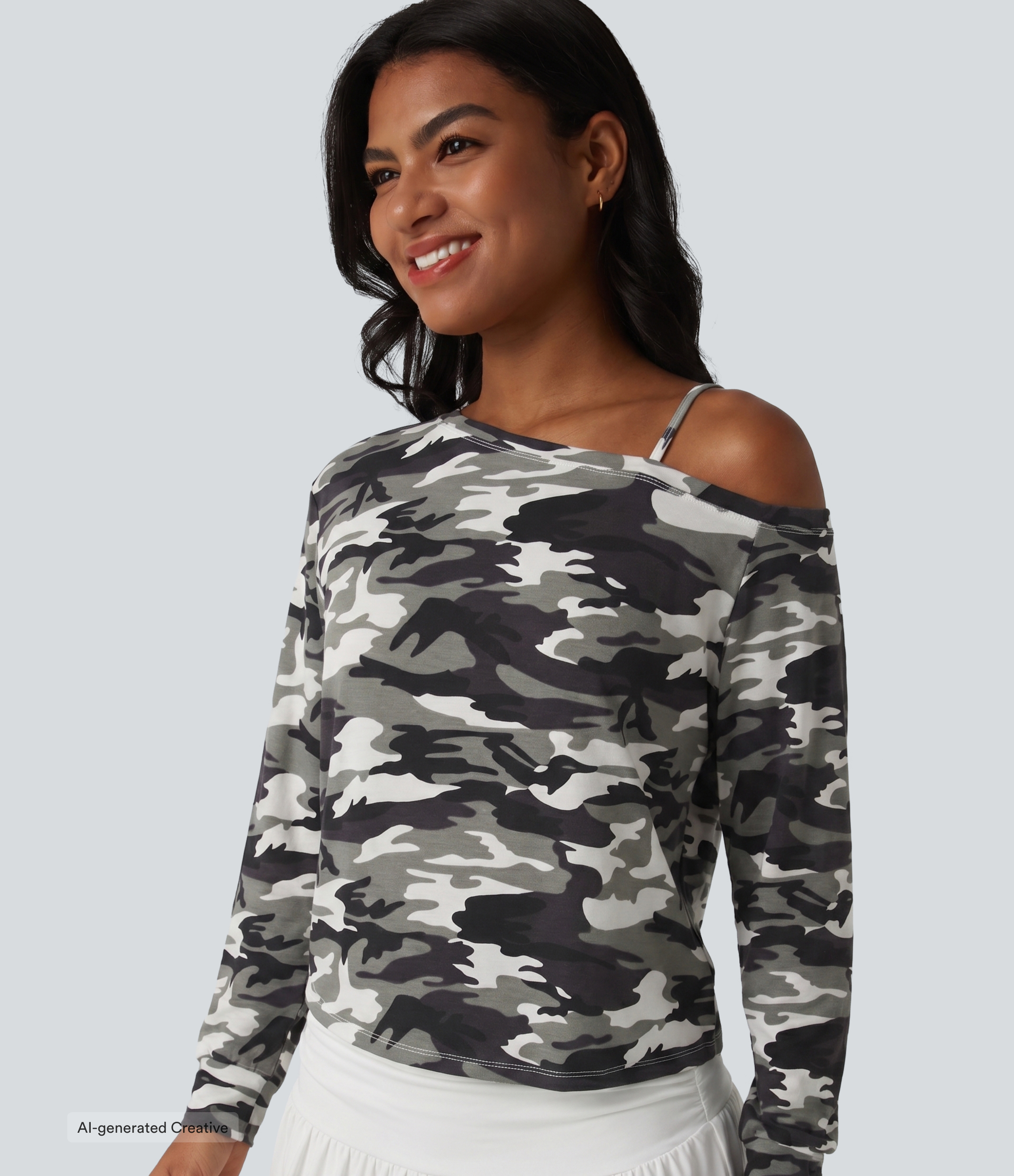 Gray Camo One Shoulder Long Sleeve Camo Casual Top / 1