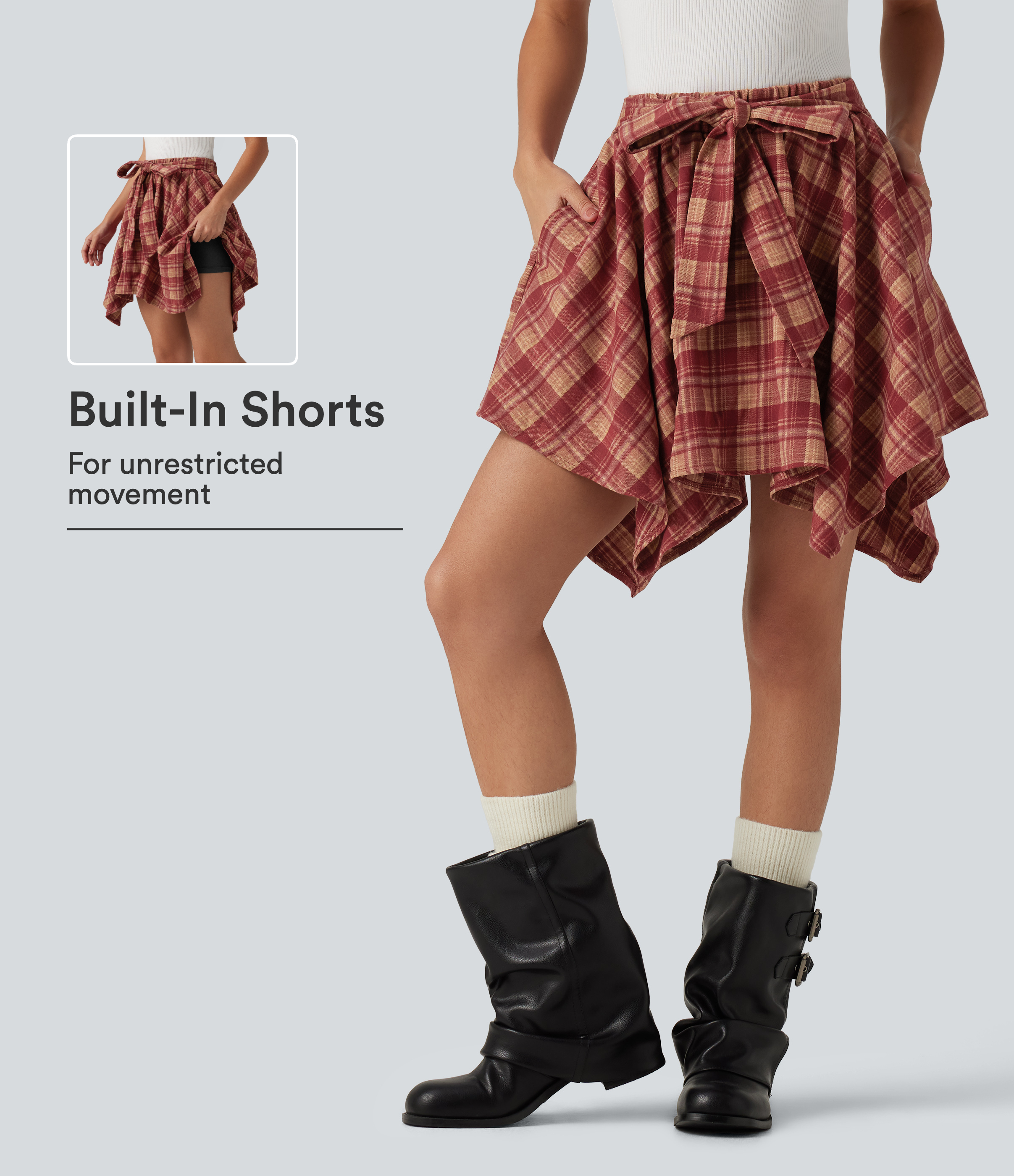High Waisted Tie Front 2-in-1 Plaid Mini Casual Skirt with Pockets