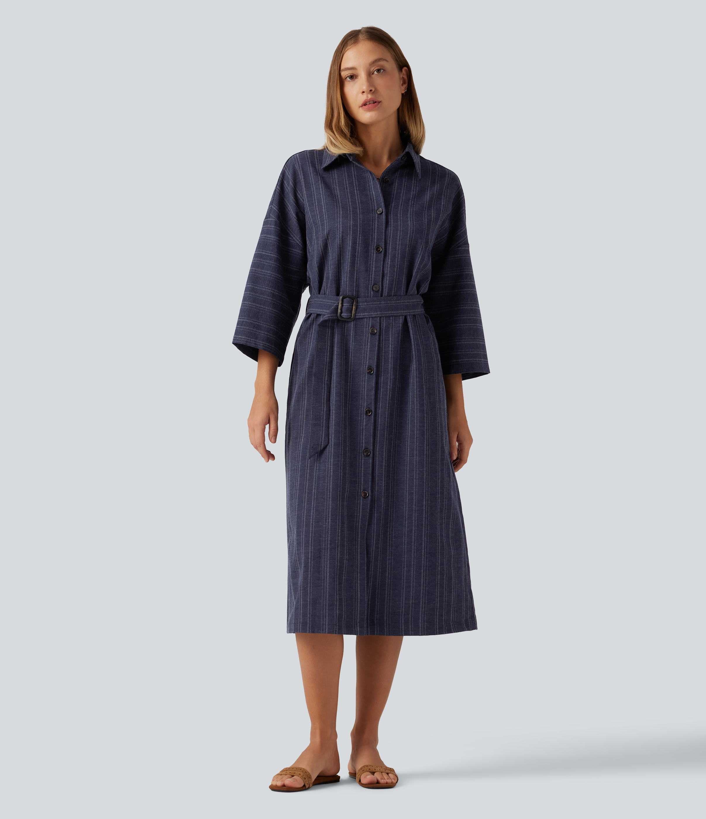 V Neck Long Sleeve Belted Stripe Midi Casual Linen-Feel Shirt Dress with Pockets 