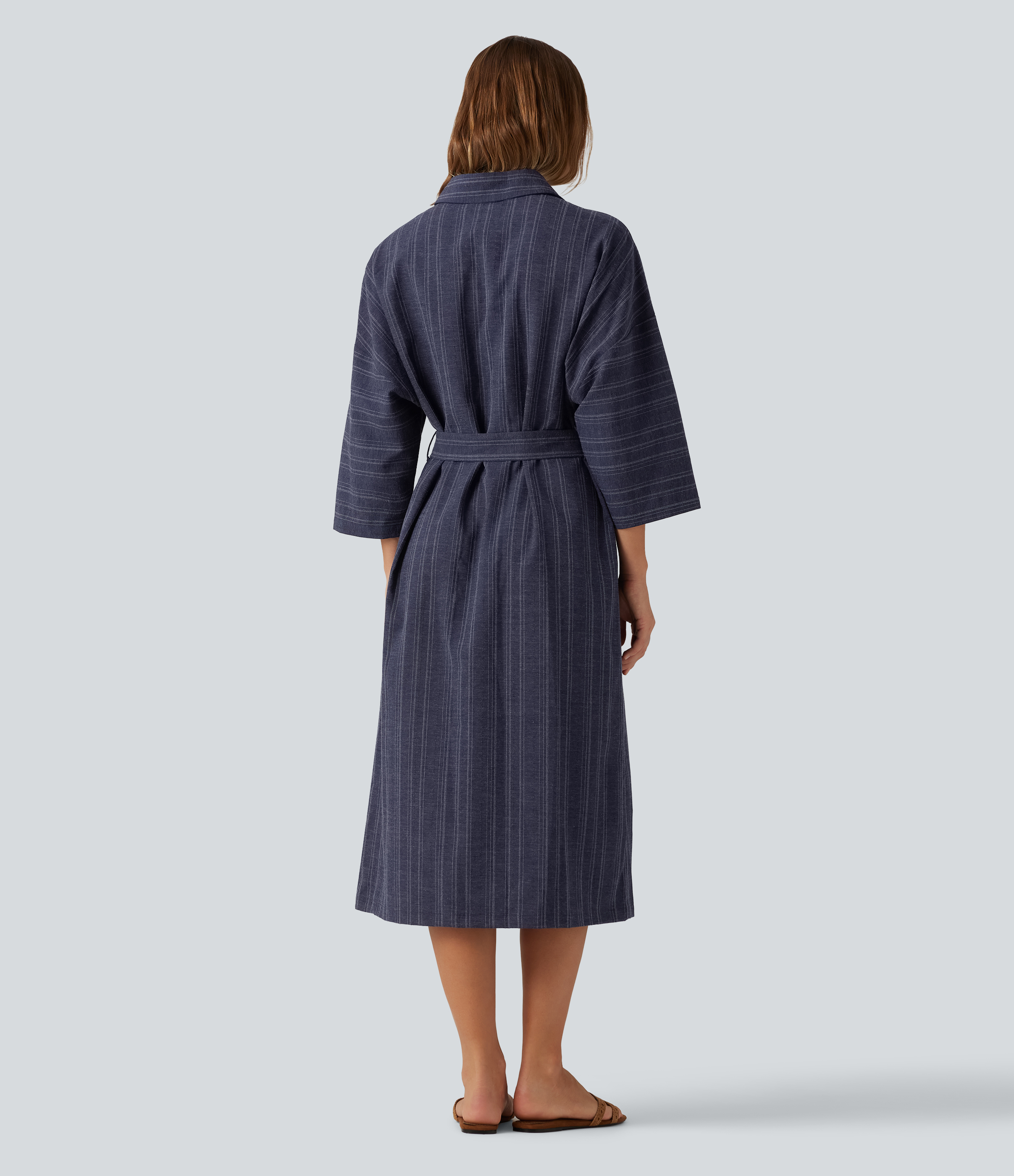 Blue Foundry V Neck Long Sleeve Belted Stripe Midi Casual Linen-Feel Shirt Dress with Pockets  / 2