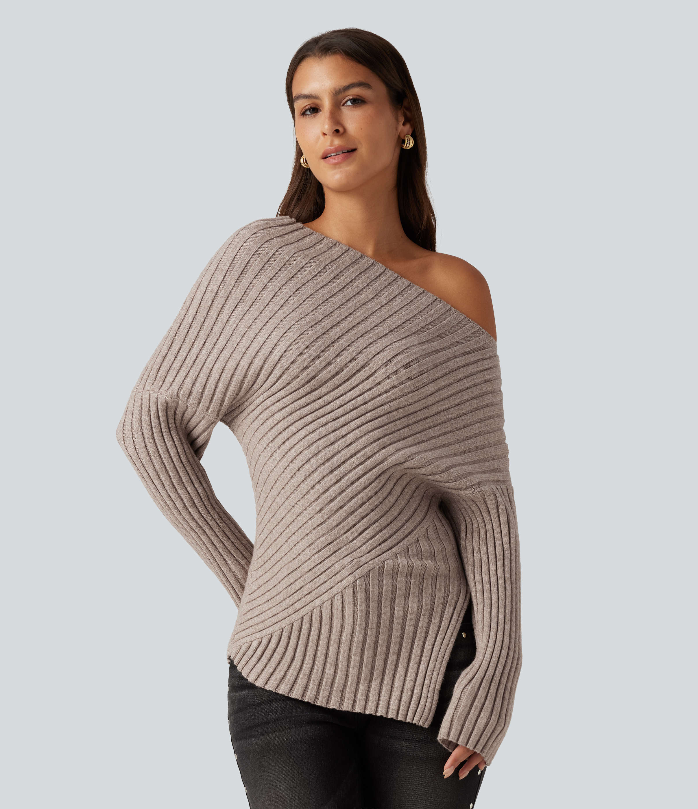 Ribbed Knit One Shoulder Long Sleeve Asymmetric Hem Casual Sweater