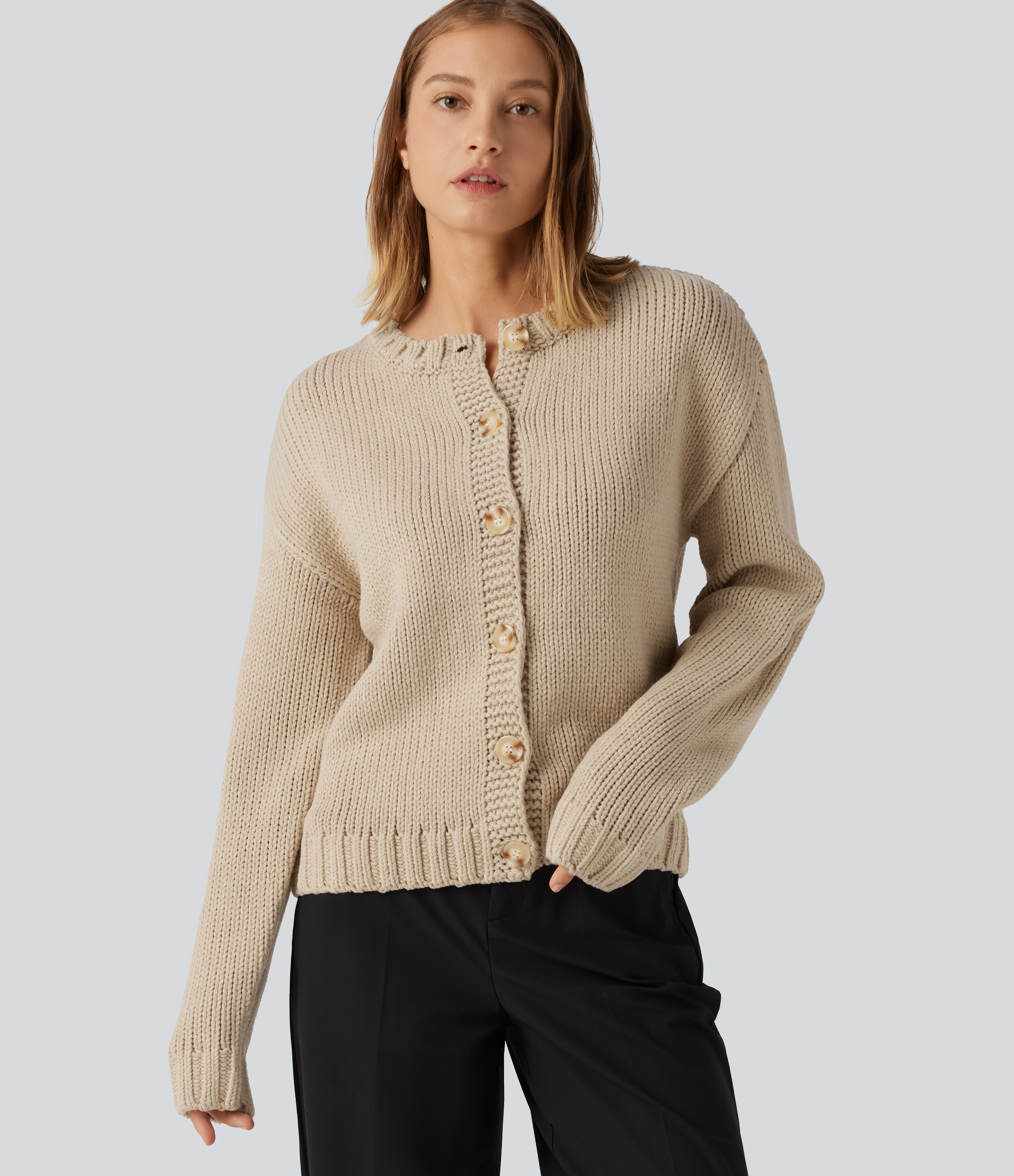 Round Neck Long Sleeve Casual Cardigan
