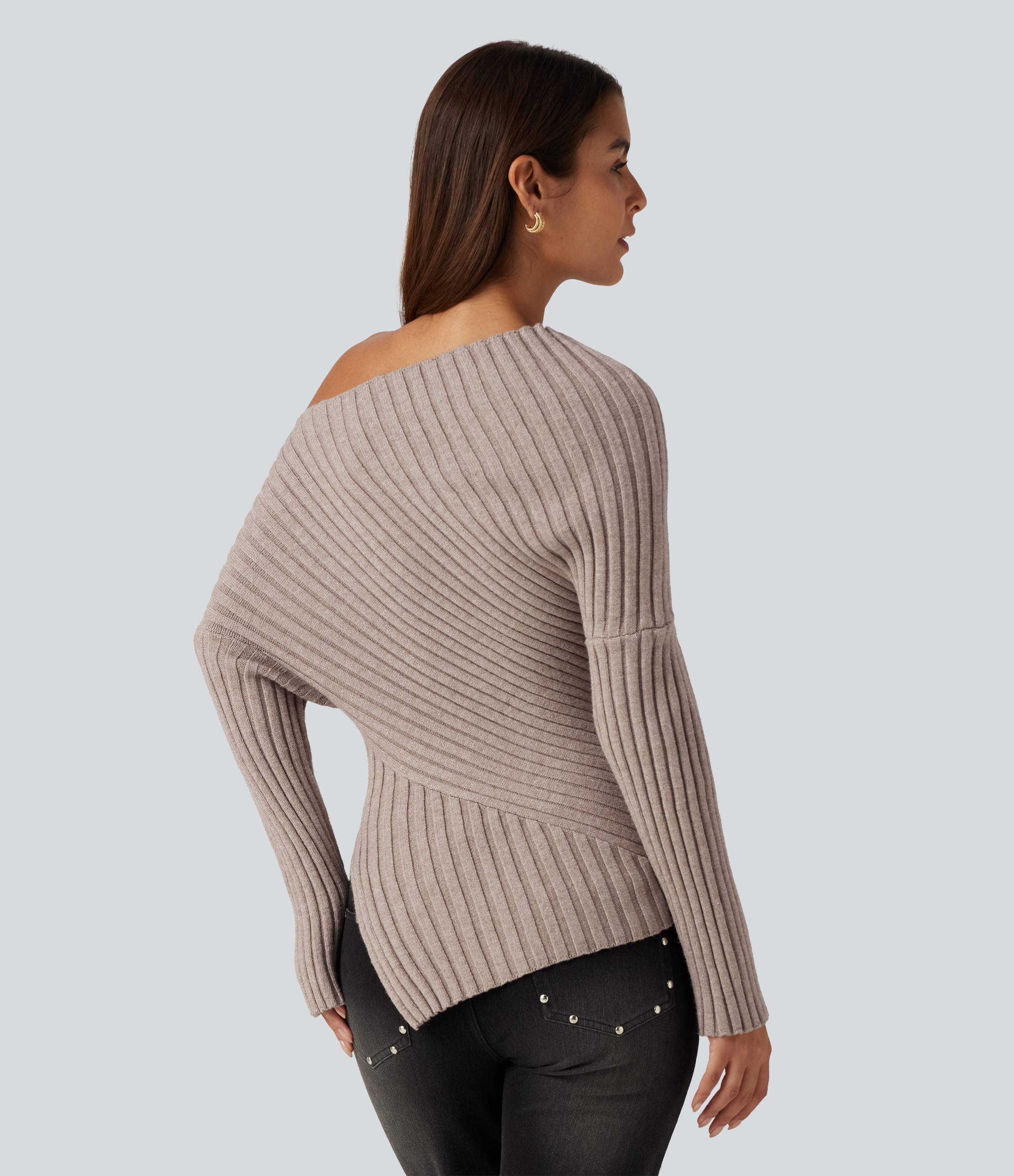Doeskin Ribbed Knit One Shoulder Long Sleeve Asymmetric Hem Casual Sweater / 2